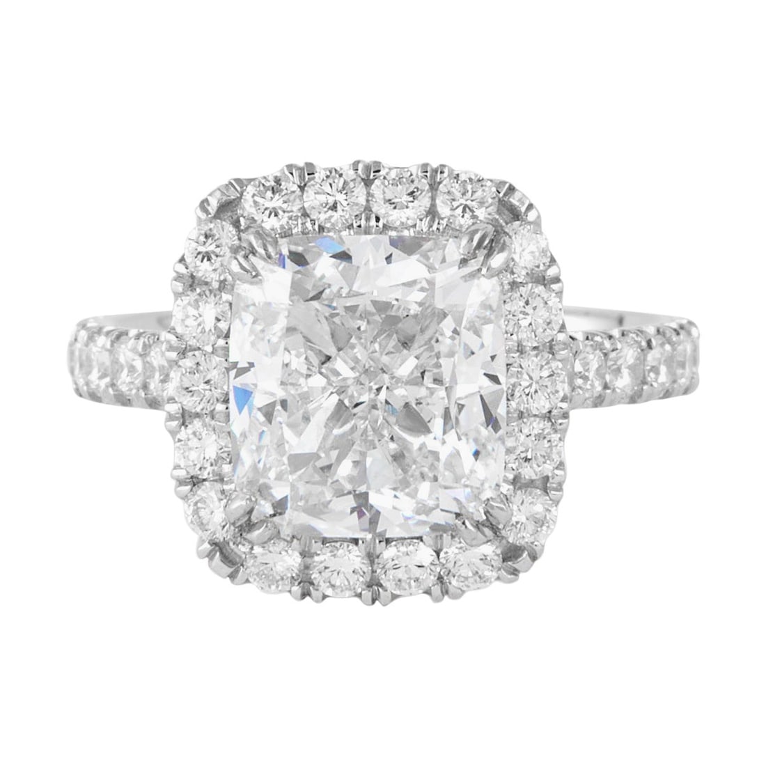 GIA 4.01ct Cushion J VS1 Diamond Halo Engagement Ring in 18k White Gold: GIA 4.01ct Cushion J VS1 Diamond Halo Engagement Ring in 18k White Gold This exquisite engagement ring features a stunning 4.01 carat cushion-cut diamond with an EGL certification, showcasing a beauti