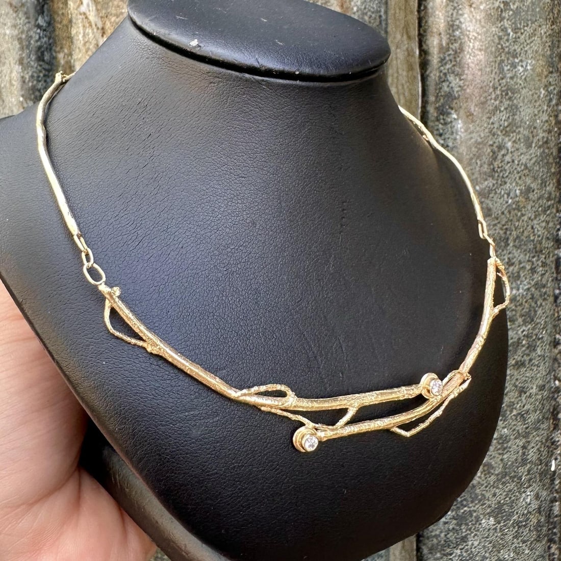 Textured Freeform Branch Link Necklace in 14k Yellow Gold with Diamond Accents 16 Inch (1 of 12)