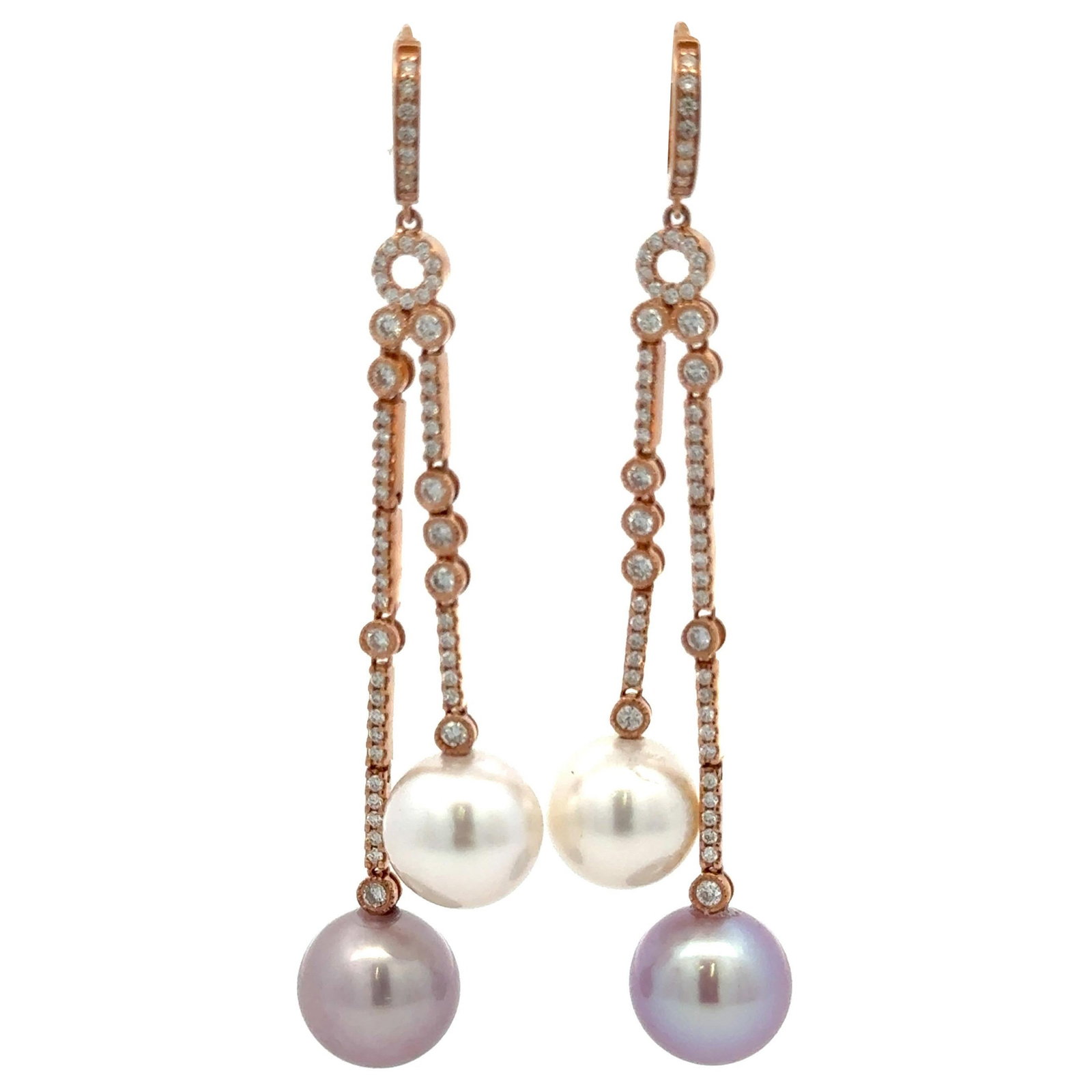 Harbor Diamonds 18K Rose Gold Pearl Diamond Drop Earrings 1.07 CTTW: Harbor Diamonds 18K Rose Gold Pearl Diamond Drop Earrings 1.07 CTTW Elevate your elegance with these stunning drop earrings crafted from 18k Rose Gold. Featuring exquisite South Sea and Pink Freshwate