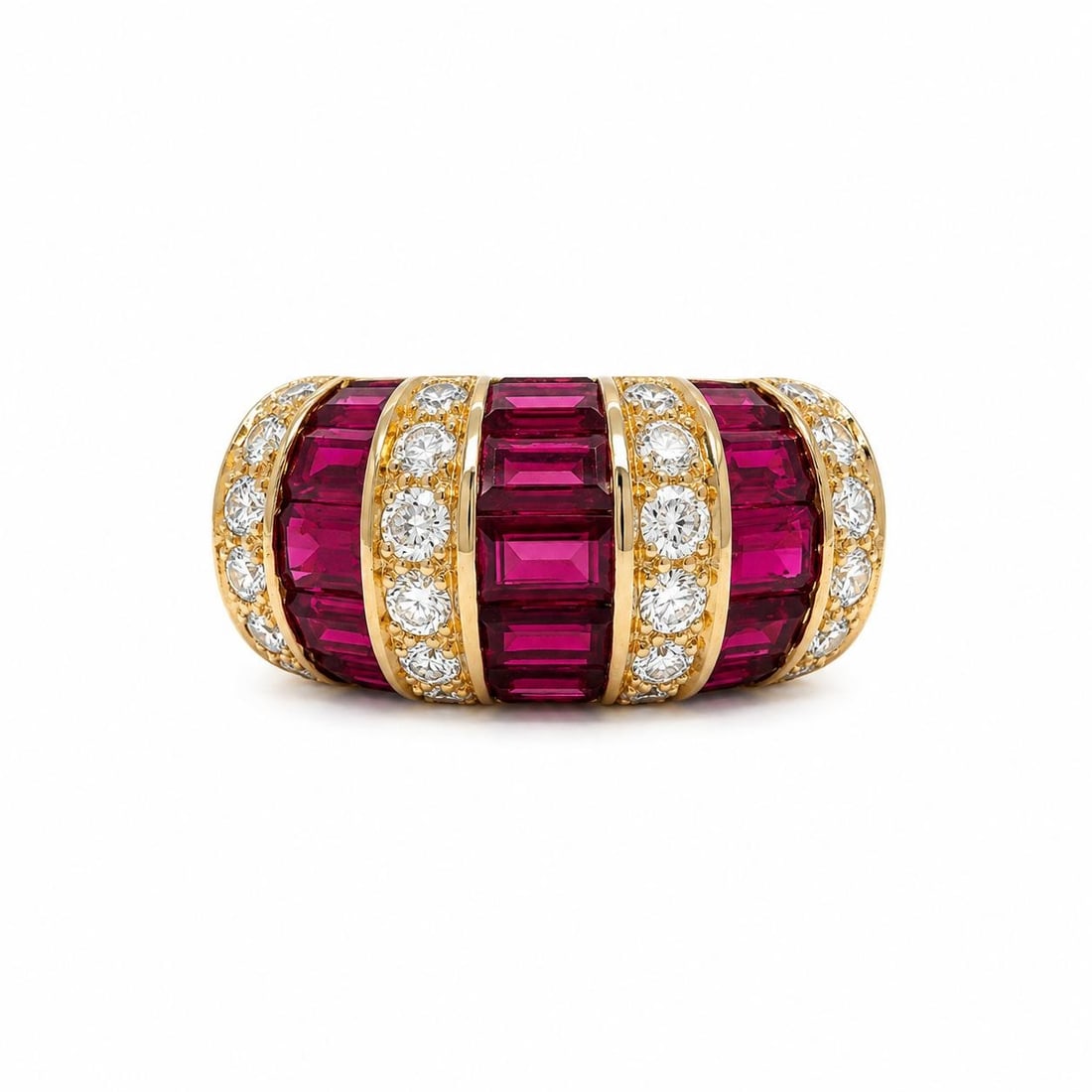 Oscar Heyman Ruby Diamond Domed Band Ring 18k Yellow Gold Size 5.5: Oscar Heyman Ruby Diamond Domed Band Ring 18k Yellow Gold Size 5.5 This Oscar Heyman domed band ring is crafted from solid 18k yellow gold and features a sophisticated channel setting with 15 baguette