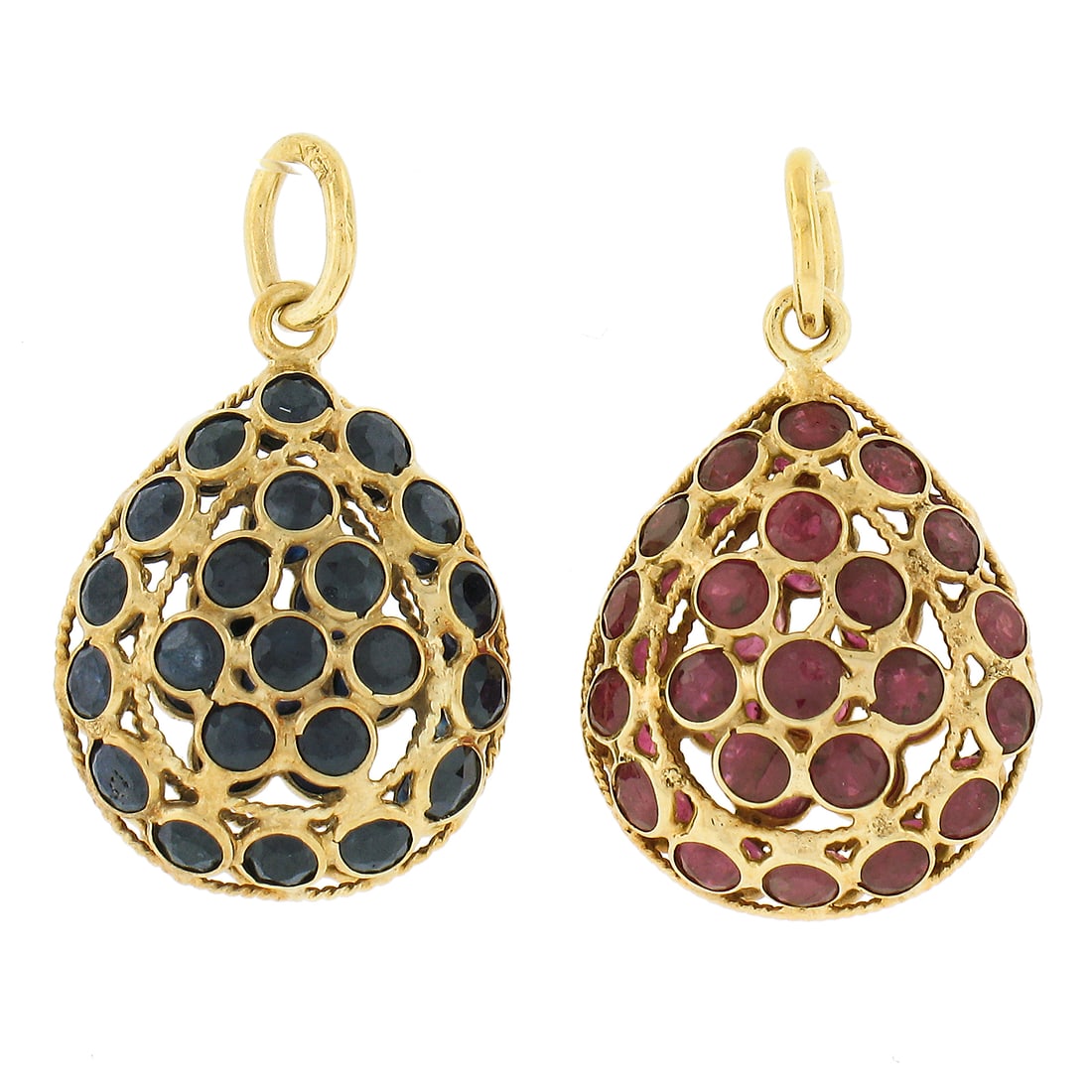 18k Yellow Gold Bezel Set Sapphire Ruby Teardrop Charm Pendants Set of 2: 18k Yellow Gold Bezel Set Sapphire Ruby Teardrop Charm Pendants Set of 2 This exquisite pair of 18k yellow gold teardrop charm pendants features a stunning combination of natural sapphires and rubies.