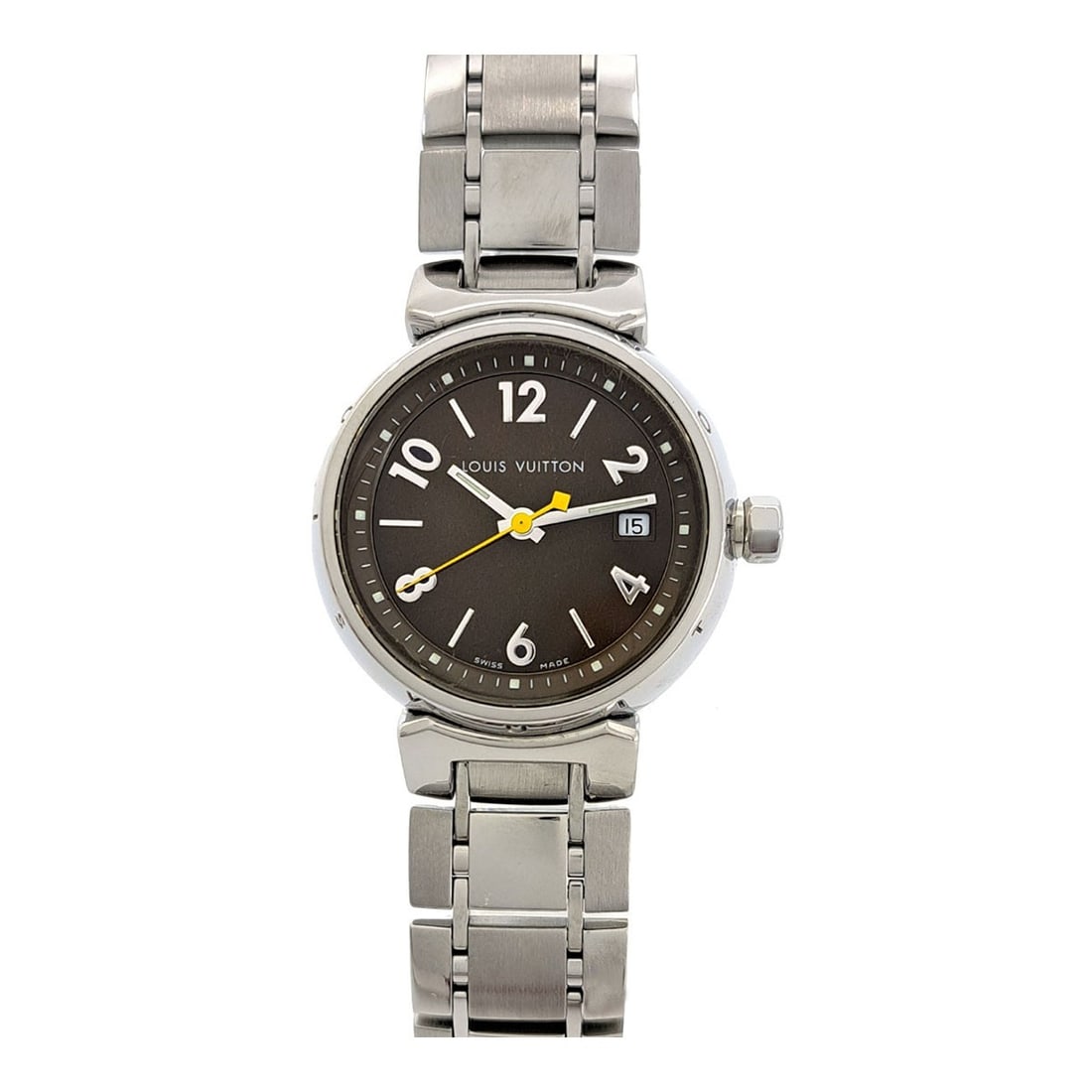 Louis Vuitton Tambour Q1211 Quartz Steel Ladies Watch 28mm Brown Dial: Louis Vuitton Tambour Q1211 Quartz Steel Ladies Watch 28mm Brown Dial This Louis Vuitton Tambour 28mm Date Q1211 wristwatch is designed for women and features a stainless steel case and band. The watc