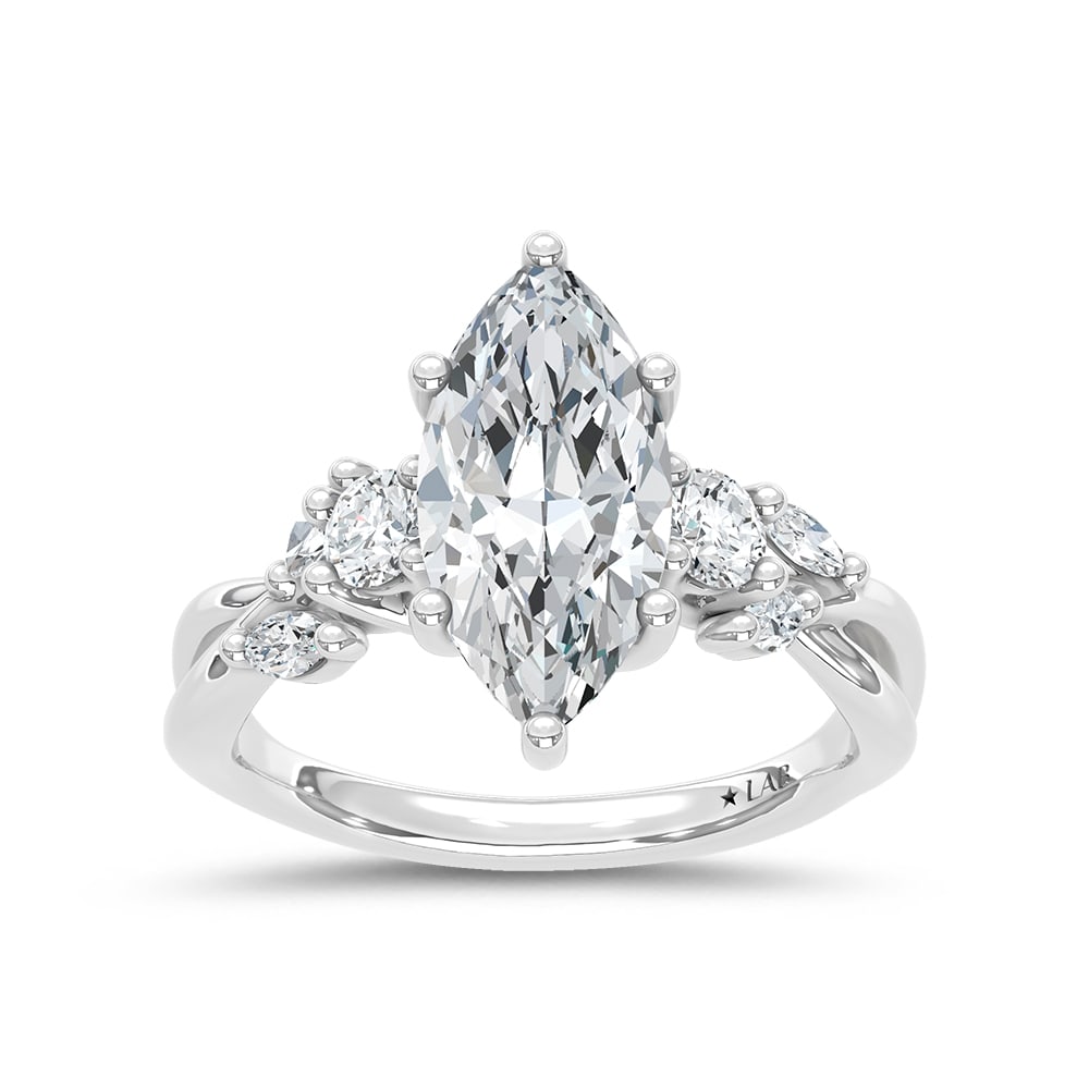 14K White Gold Lab Grown Marquise and Round Diamond 2 1/3 Ct.Tw. Engagement Ring (IGI Certified: 14K White Gold Lab Grown Marquise and Round Diamond 2 1/3 Ct.Tw. Engagement Ring (IGI Certified Center 2ct) 14k White Gold Stone Color: D-f Stone Clarity: Vs Each ring is presented in standard size 6.