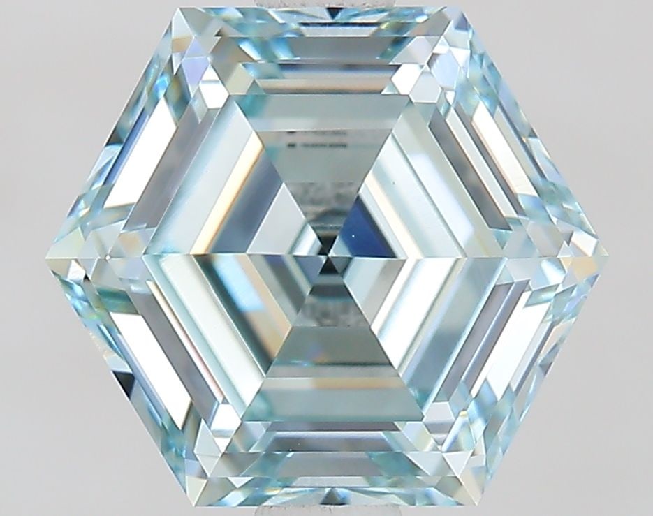 Loose Diamond - HEXAGONAL 1.9ct Fancy Light Greenish Blue VVS2: Loose Diamond - HEXAGONAL 1.9ct Fancy Light Greenish Blue VVS2 Source: This is a real non-mined Diamond that has been grown in a lab Shape: HEXAGONAL Carats: 1.9 Color: Fancy Light Greenish Blue Certi