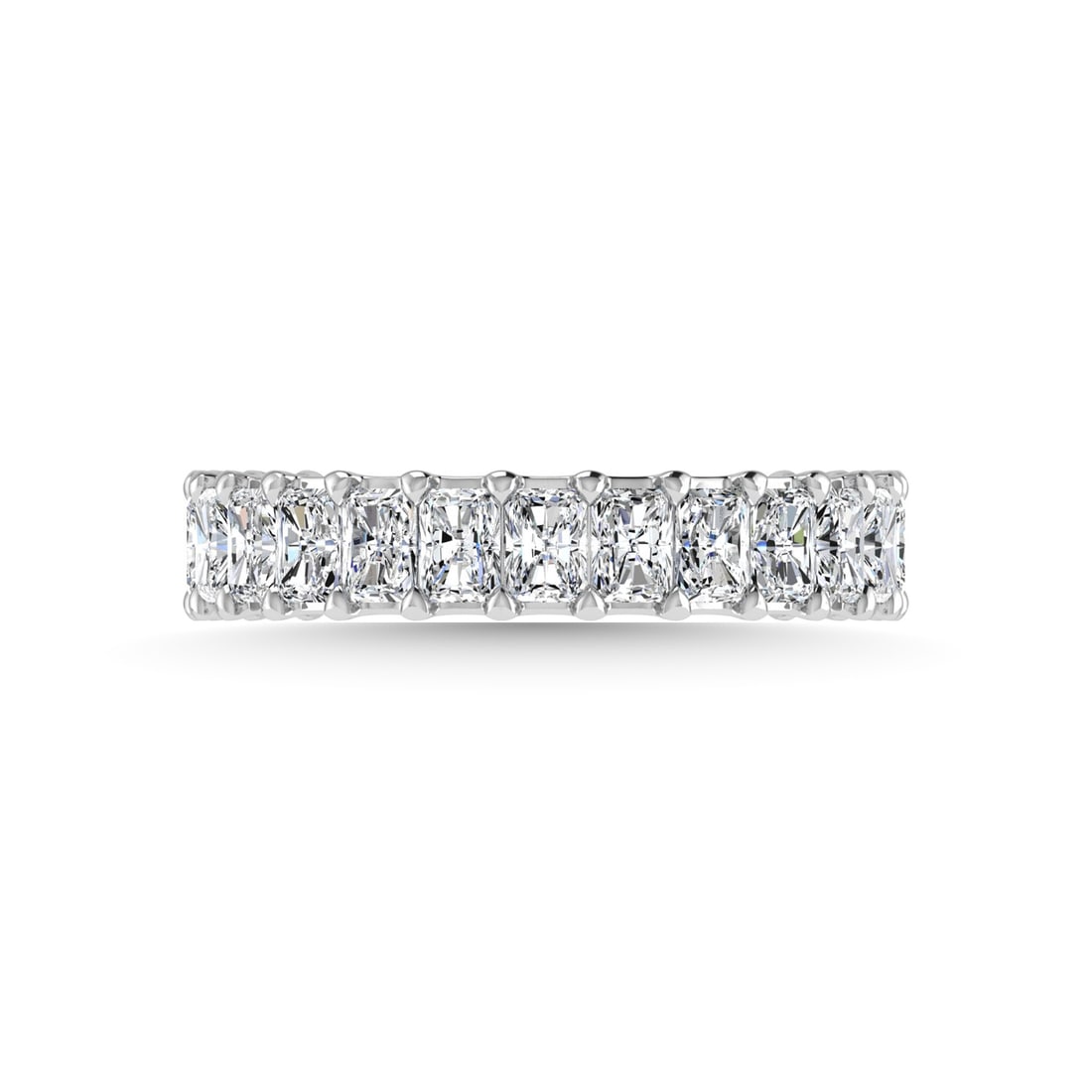 14K White Gold 4 3/4 CT Tw. Emerald Shape Lab Grown Diamond Three Forth Eternity Band: 14K White Gold 4 3/4 CT Tw. Emerald Shape Lab Grown Diamond Three Forth Eternity Band 14k White Gold Stone Color: F Stone Clarity: Vs Each ring is presented in standard size 6.5. Complimentary resizin