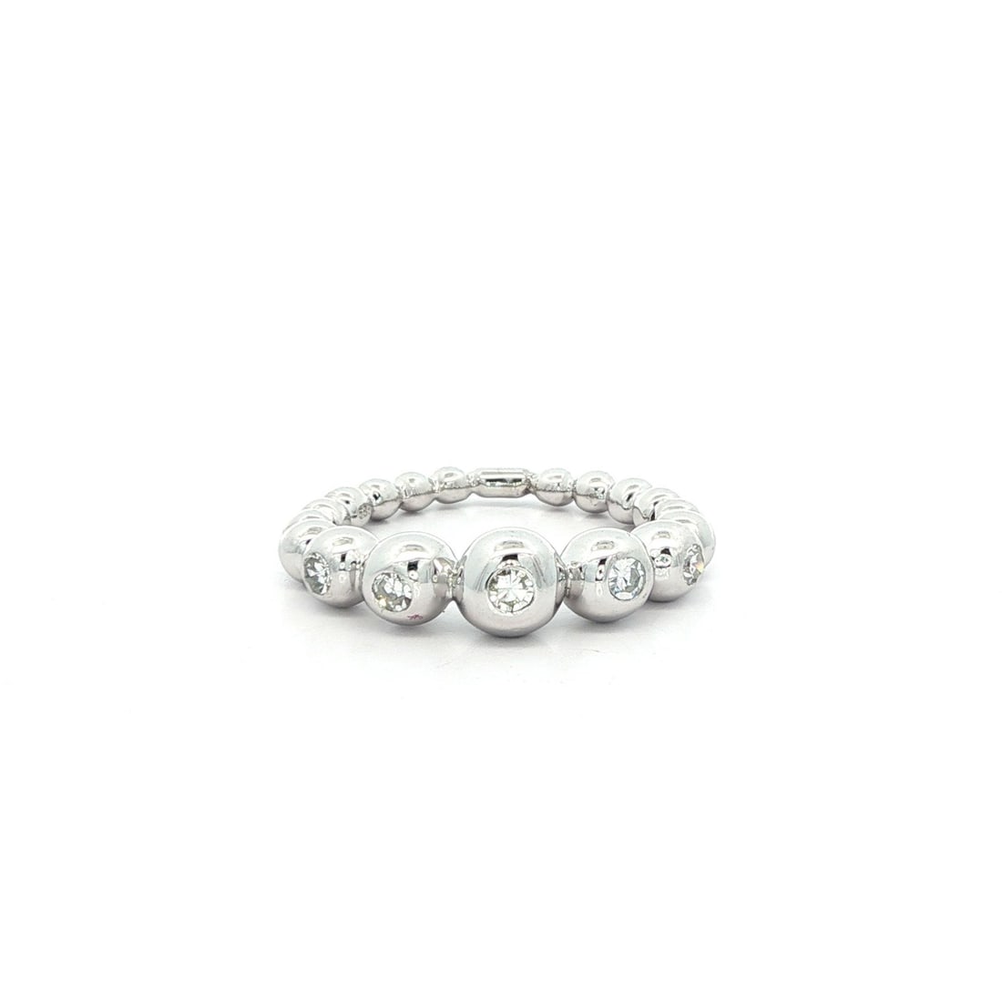 14k White Gold 5 Stone Diamond Bubble Band Ring 0.15ctw: 14k White Gold 5 Stone Diamond Bubble Band Ring 0.15ctw This exquisite 14k white gold bubble band ring features a unique design adorned with five natural genuine diamonds. Each diamond is single cut a
