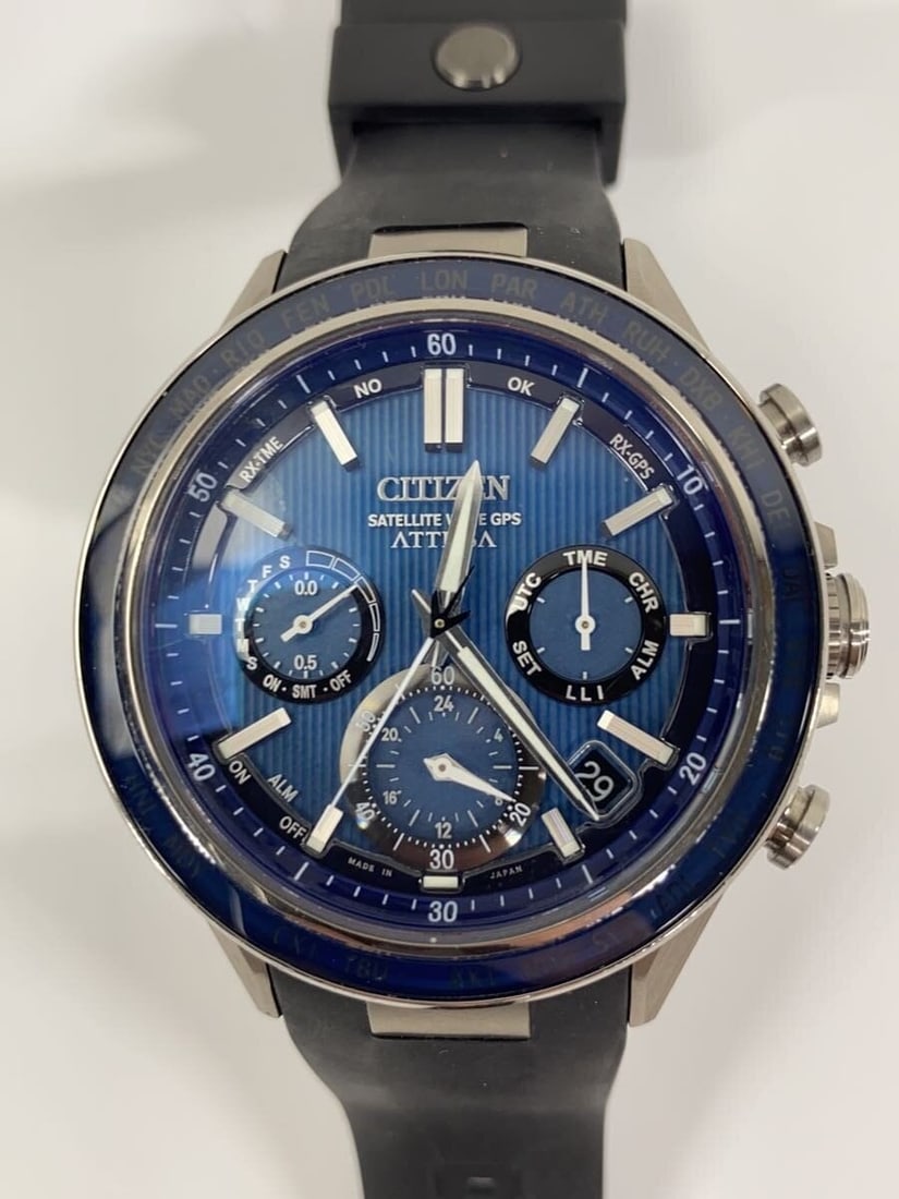 Citizen Attesa ACT Line men's sapphire bezel wristwatch: Citizen Attesa ACT Line men's sapphire bezel wristwatch This CITIZEN ATTESA ACT Line F950-0029S02 men's wristwatch features a blue dial and a sapphire bezel. The watch is crafted with a rubber strap a