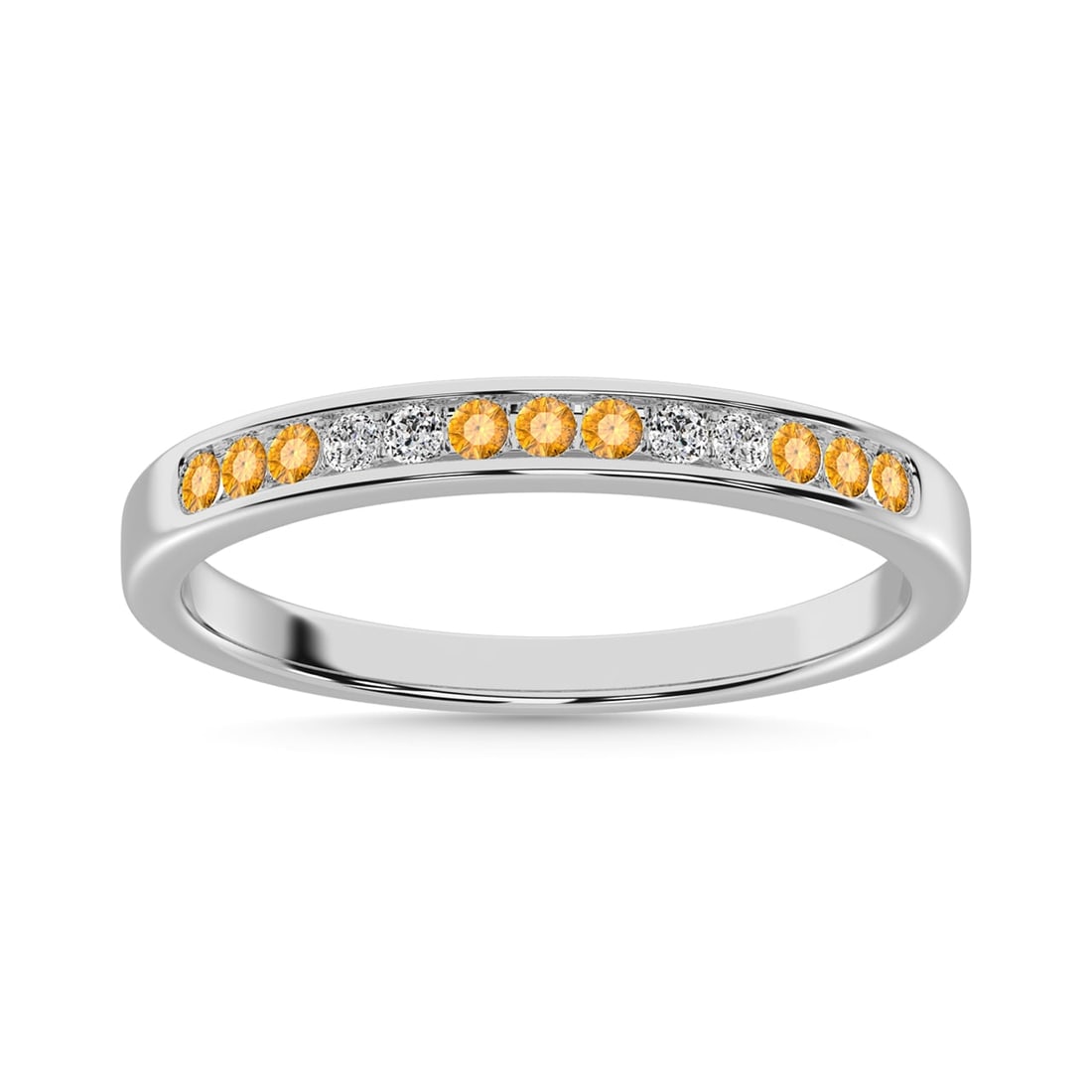 Citrine and Alternate Diamond 1/4 Ct.Tw. Ladies Machine Band in 14K White Gold: Citrine and Alternate Diamond 1/4 Ct.Tw. Ladies Machine Band in 14K White Gold 14k White Gold Stone Color: G-h Stone Clarity: Si2 Each ring is presented in standard size 6.5. Complimentary resizing is
