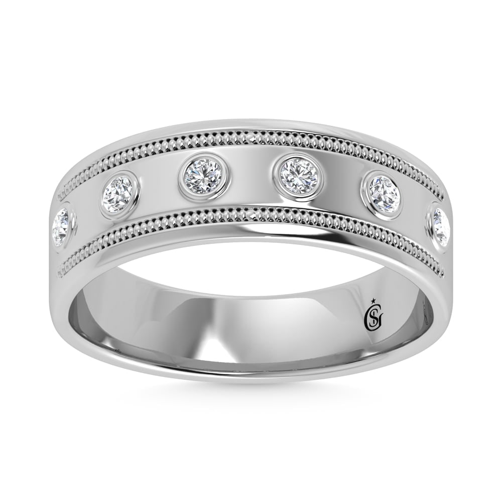 10K White Gold Diamond 1/5 Ct.Tw. Machine Set Mens Band: 10K White Gold Diamond 1/5 Ct.Tw. Machine Set Mens Band 10k White Gold Stone Color: G-h Stone Clarity: I1-i2 Each ring is presented in standard size 6.5. Complimentary resizing is available between si