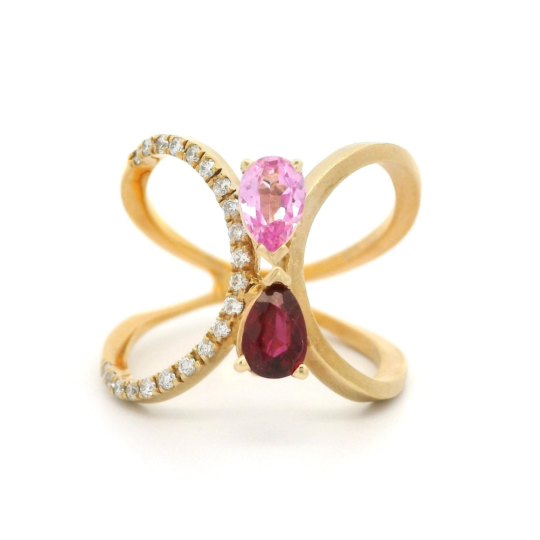 14k Yellow Gold 1.25ctw Ruby Sapphire Diamond Dual Finish Ring: 14k Yellow Gold 1.25ctw Ruby Sapphire Diamond Dual Finish Ring This stunning wide open ring features a beautiful combination of natural and synthetic gemstones set in 14K solid yellow gold. The ring s