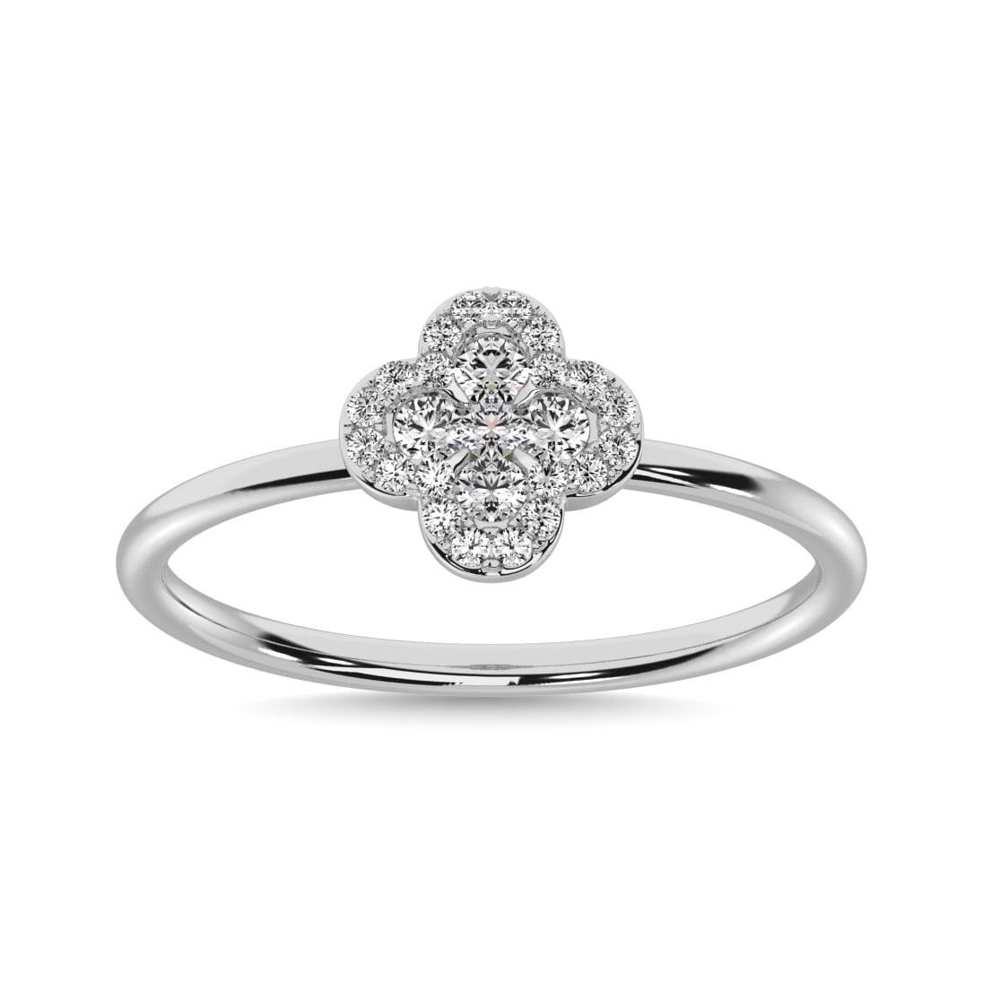 Diamond 1/4 Ct.tw Clover Ring in 14K White Gold: Diamond 1/4 Ct.tw Clover Ring in 14K White Gold 14k White Gold Stone Color: G-h Stone Clarity: I1 Each ring is presented in standard size 6.5. Complimentary resizing is available between sizes 510 (in