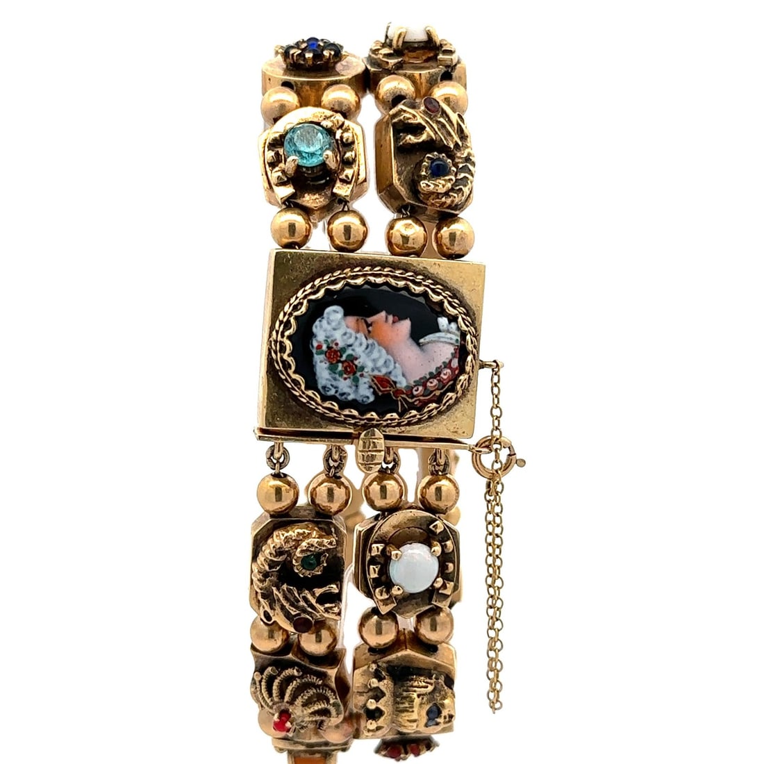Antique Victorian 13k Yellow Gold Multi Gemstone 2 Row Slide Charm Bracelet: Antique Victorian 13k Yellow Gold Multi Gemstone 2 Row Slide Charm Bracelet This exquisite Antique Victorian bracelet features a stunning array of multi gemstones including natural genuine coral, jade