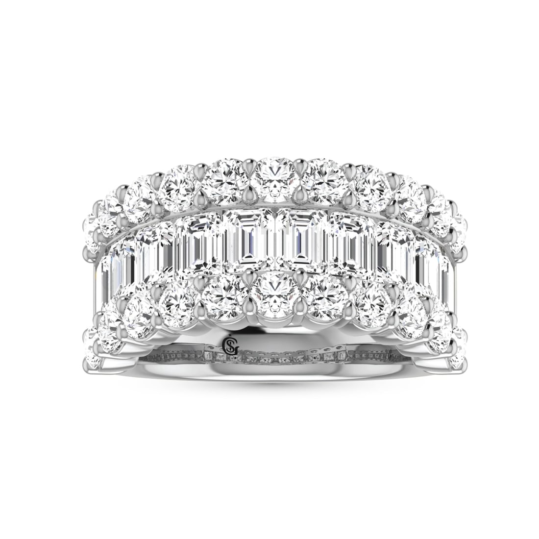 14K White Gold Lab Grown Diamond 4 3/8 Ct.Tw. Round and Emerald Band: 14K White Gold Lab Grown Diamond 4 3/8 Ct.Tw. Round and Emerald Band An extraordinary design crafted in 14K white gold, this band features 4 3/8 Ct.Tw. of lab grown round and emerald-cut diamonds for 