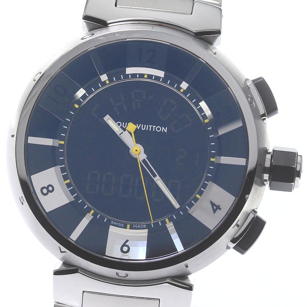 Louis Vuitton Tambour Black Quartz Men's Stainless Steel Wristwatch Q118F: Louis Vuitton Tambour Black Quartz Men's Stainless Steel Wristwatch Q118F This Louis Vuitton Q118F Tambour in Black is a men's wristwatch featuring a stainless steel case and bracelet. The watch is po