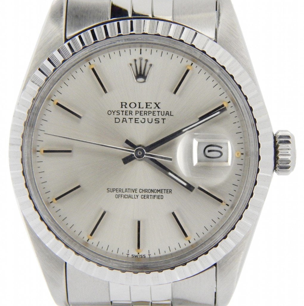 Rolex Datejust 16030 Jubilee Bracelet Silver Stick Dial: Rolex Datejust 16030 Jubilee Bracelet Silver Stick Dial This is a men's Rolex Datejust watch, reference number 16030. It features a silver stick dial, an engine-turned bezel, and is fitted with a Jubi