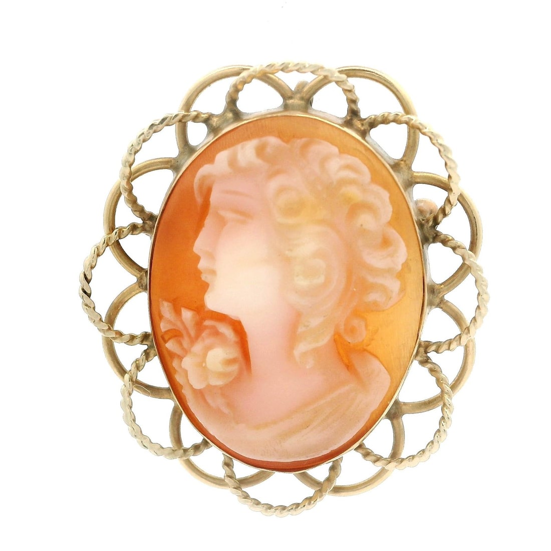 Vintage 14k Yellow Gold Carved Cameo Brooch Pendant: Vintage 14k Yellow Gold Carved Cameo Brooch Pendant This exquisite vintage brooch pendant features a beautifully carved cameo set in a delicate open wire frame design. Crafted from 14k yellow gold, th