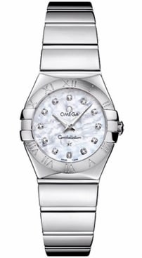 Omega Constellation 24mm Diamond MOP Dial Card 2019: Omega Constellation 24mm Diamond MOP Dial Card 2019 This Omega Constellation watch features a 24mm stainless steel case and a white mother-of-pearl dial adorned with diamond hour markers. The timepiec