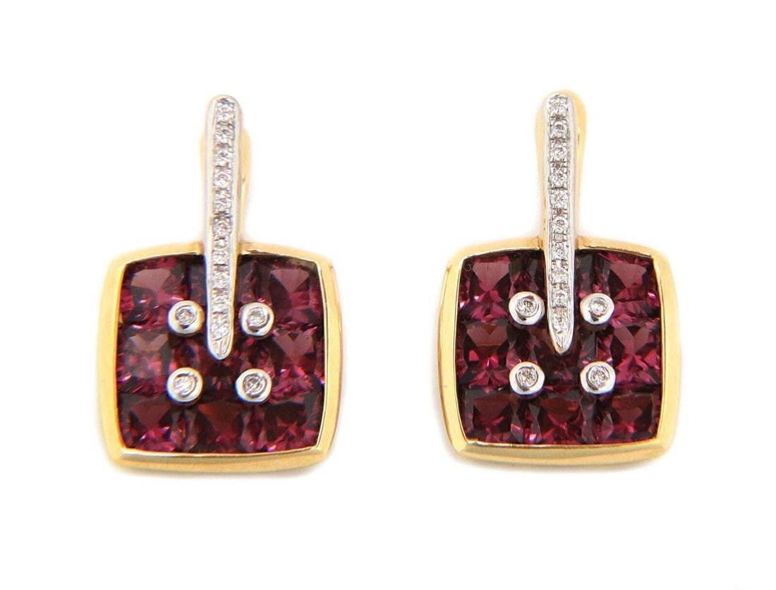 Bellarri 18k Yellow Gold Rhodolite Garnet Diamond Dangle Earrings: Bellarri 18k Yellow Gold Rhodolite Garnet Diamond Dangle Earrings These Bellarri dangle earrings are crafted from 18k yellow gold and feature vibrant rhodolite garnets with a total weight of approxima