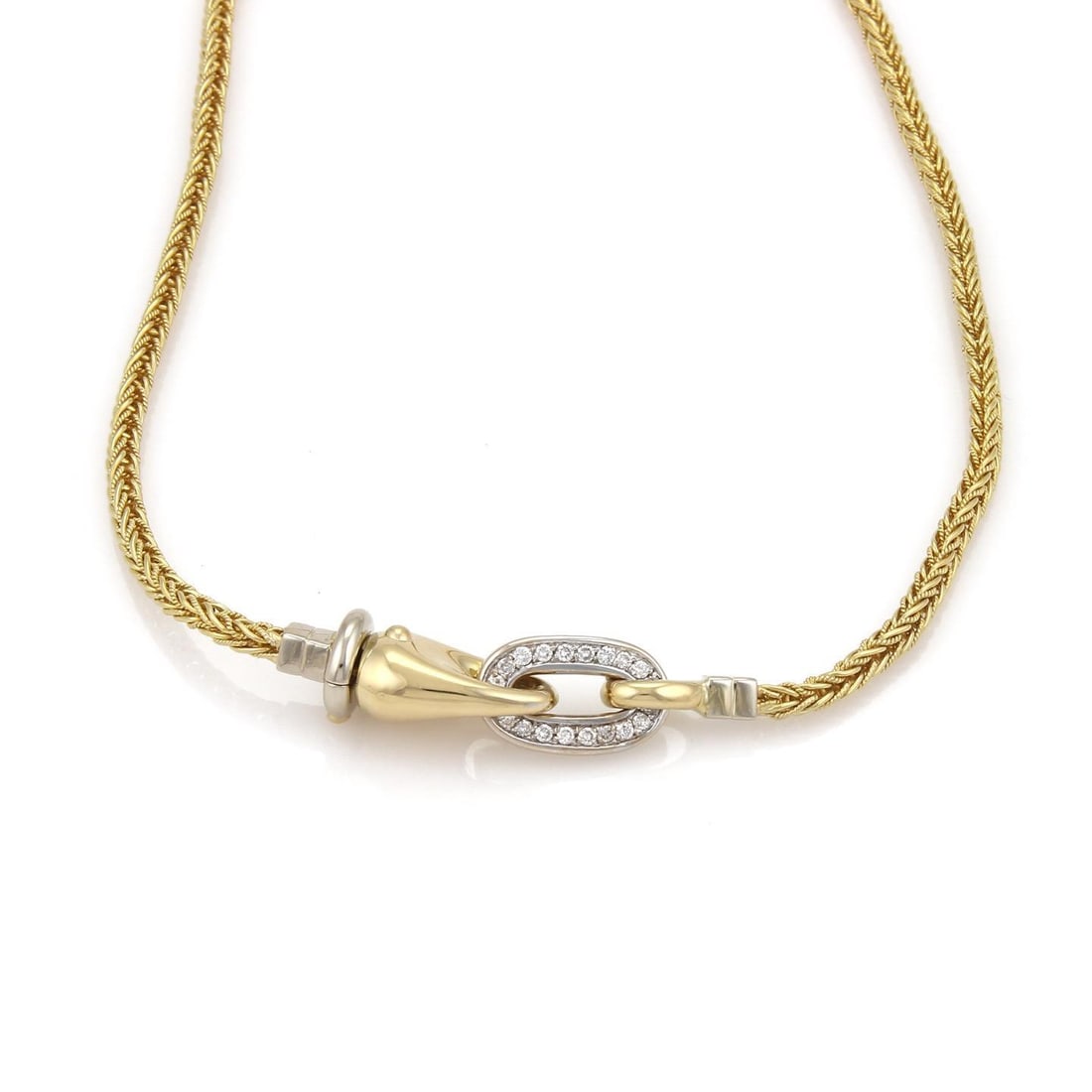 18k Yellow White Gold Diamond Toggle Necklace Fancy Woven Chain: 18k Yellow White Gold Diamond Toggle Necklace Fancy Woven Chain This exquisite necklace features a distinctive design crafted from 18k yellow and white gold with a polished finish. The centerpiece pen