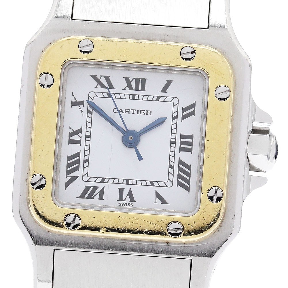 Cartier Santos Galbee SM Automatic White Dial Women Watch: Cartier Santos Galbee SM Automatic White Dial Women Watch This vintage Cartier Santos Galbee SM wristwatch features a white dial and a combination of yellow gold and stainless steel. Designed for wome