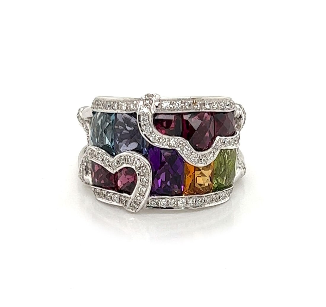 Bellarri 18k White Gold Multicolor Gem Diamond Band Ring Size 7: Bellarri 18k White Gold Multicolor Gem Diamond Band Ring Size 7 This Bellarri band ring showcases a striking cluster of multicolor gemstones, including topaz, amethyst, garnet, citrine, and peridot, s