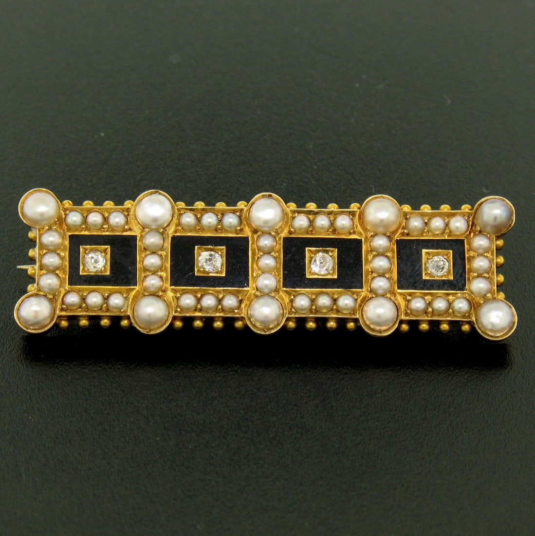 Antique Victorian 18k Gold Diamond Seed Pearl Onyx Bar Pin: Antique Victorian 18k Gold Diamond Seed Pearl Onyx Bar Pin Discover the elegance of this Antique Victorian bar pin, crafted from solid 18k yellow gold. This exquisite piece features four old mine cut 