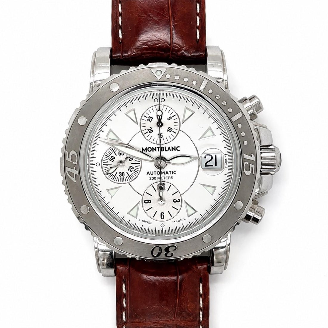 Montblanc Automatic Chronograph Sport Watch 41mm Brown Leather Strap: Montblanc Automatic Chronograph Sport Watch 41mm Brown Leather Strap This Montblanc Sport Chronograph watch features a 41mm stainless steel case and an automatic movement. It comes with its original b