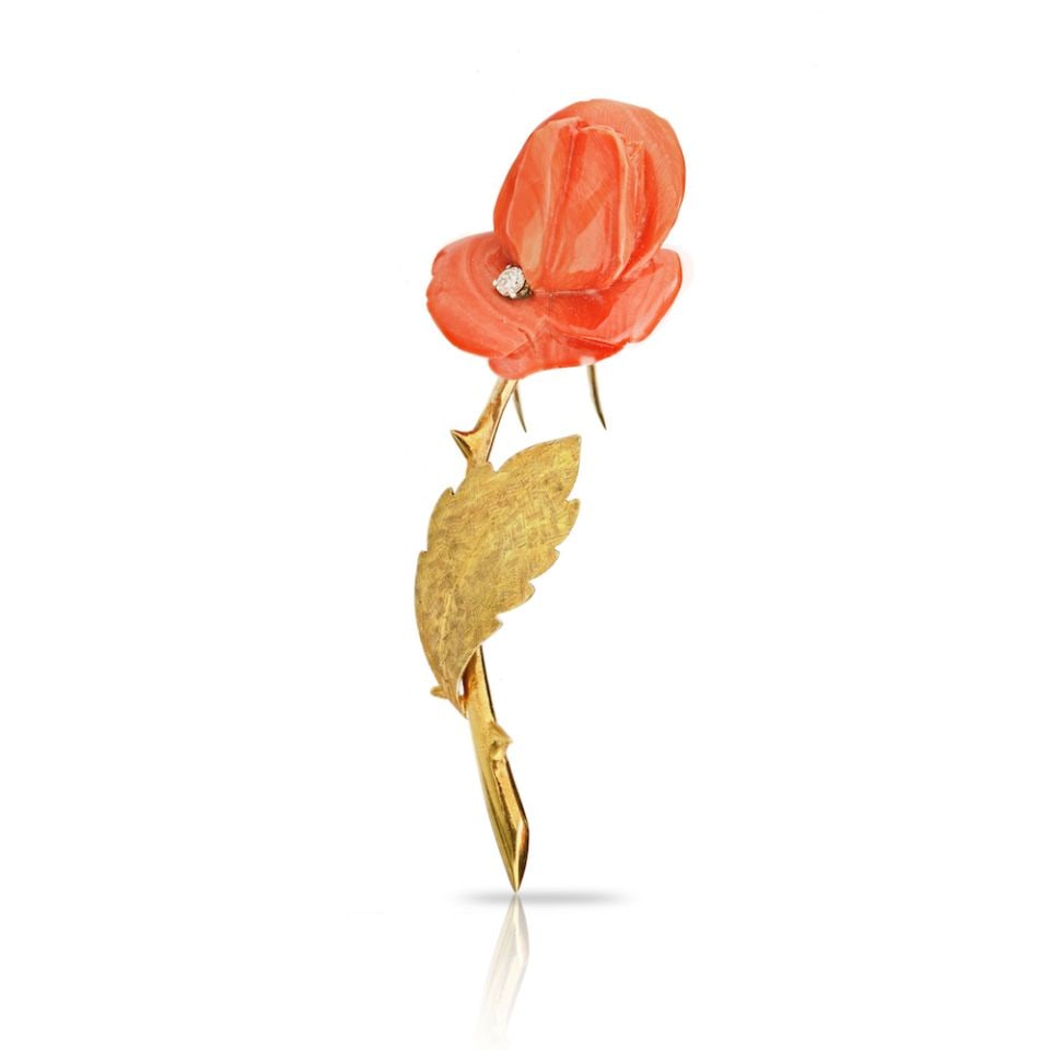 Van Cleef & Arpels 1965 Coral Rose Brooch 18K Yellow Gold Diamond: Van Cleef & Arpels 1965 Coral Rose Brooch 18K Yellow Gold Diamond This exquisite Van Cleef & Arpels brooch, crafted in 18K yellow gold, showcases a stunning coral rose design. Weighing 18.2 grams, thi