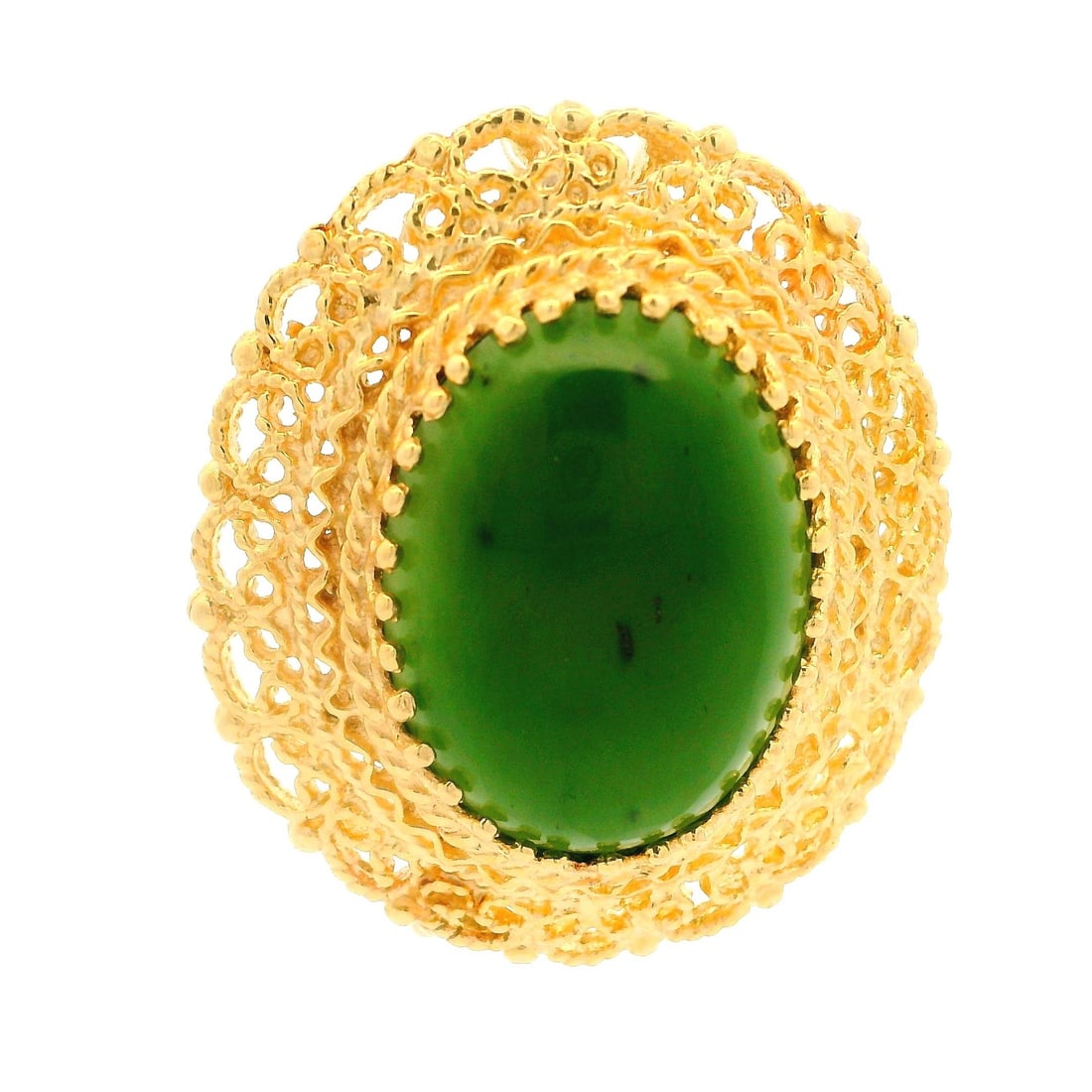 Vintage 14k Yellow Gold Green Jade Open Work Brooch Pendant: Vintage 14k Yellow Gold Green Jade Open Work Brooch Pendant This stunning vintage pin brooch or slide pendant showcases a beautiful open work design, crafted from 14k solid yellow gold. The centerpiec