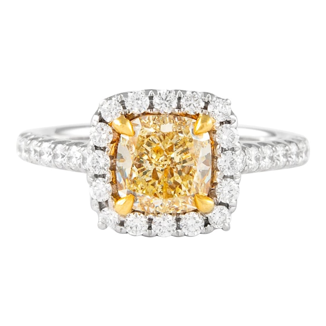 2.31ct Fancy Yellow VS1 Cushion Diamond Halo Ring 18k Gold: 2.31ct Fancy Yellow VS1 Cushion Diamond Halo Ring 18k Gold This exquisite ring showcases a stunning 2.31ct Fancy Yellow VS1 cushion diamond at its center, beautifully set in a contemporary design. The