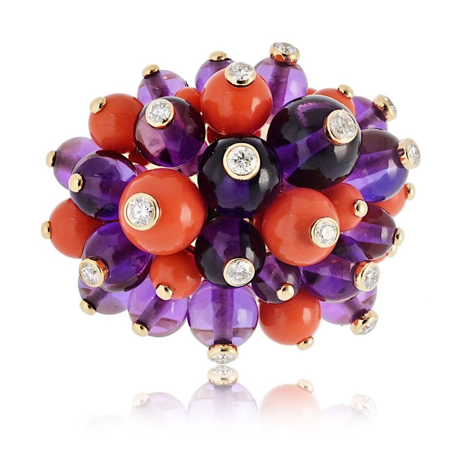 Cartier Delices de Goa Amethyst Coral Diamond Estate Ring: Cartier Delices de Goa Amethyst Coral Diamond Estate Ring Introducing the Cartier Delices de Goa Amethyst, Coral and Diamond Ring, a stunning estate piece crafted around 2003. This exquisite ring feat
