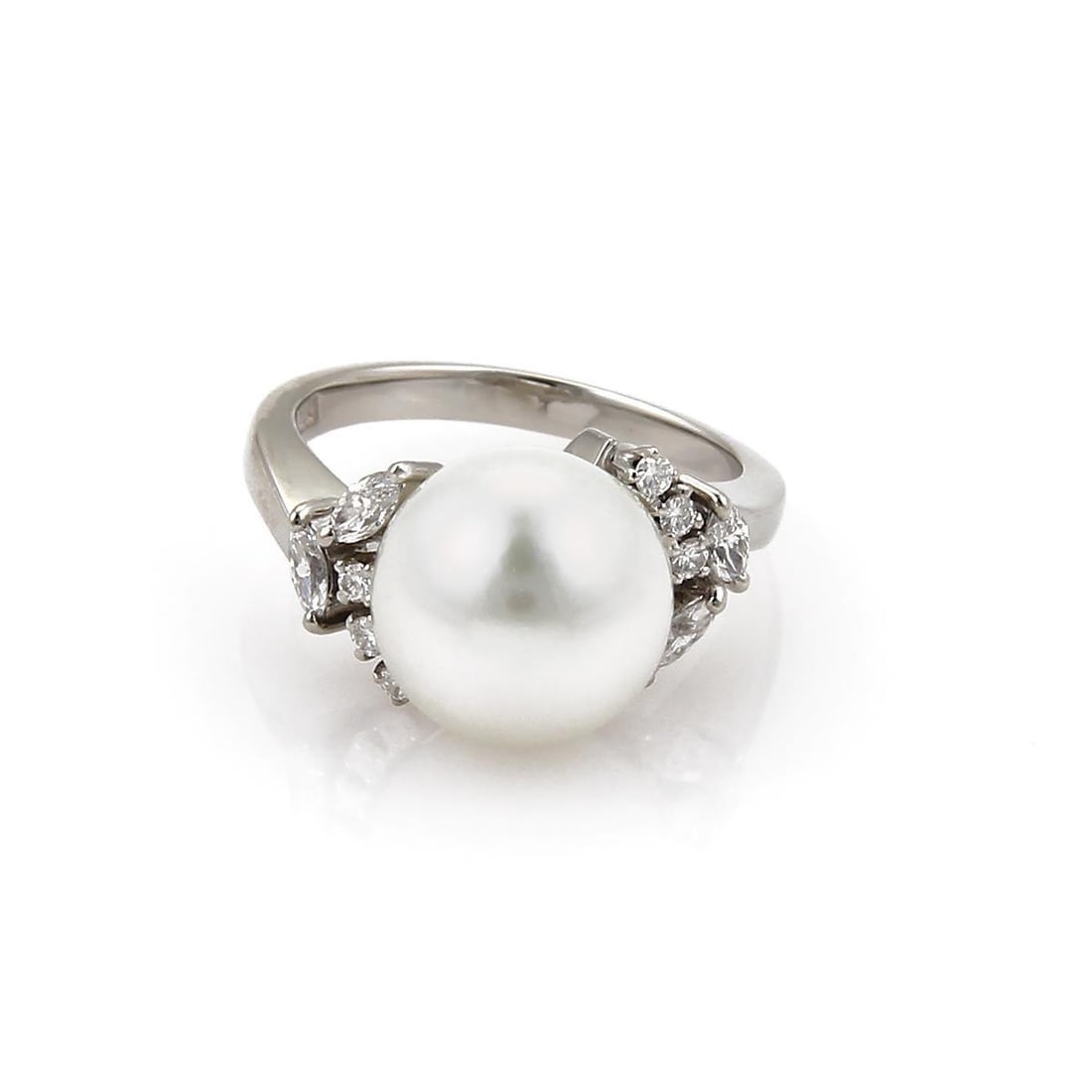 Mikimoto Platinum Cocktail Ring 10.3mm Akoya Pearl with Diamonds Size 4.75: Mikimoto Platinum Cocktail Ring 10.3mm Akoya Pearl with Diamonds Size 4.75 This exquisite Mikimoto cocktail ring embodies sophistication and luxury. Crafted from 900 platinum with a lustrous polished 