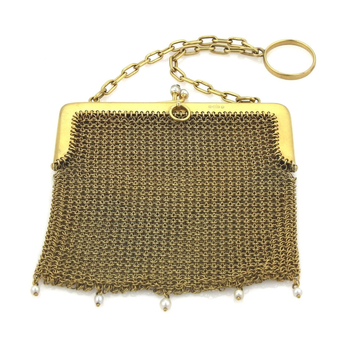 Victorian 9k Gold Mesh Purse with Pearls and Chain: Victorian 9k Gold Mesh Purse with Pearls and Chain This Victorian-era mesh purse is expertly crafted from 9k yellow gold and features an intricate design embellished with pearls. The purse showcases a