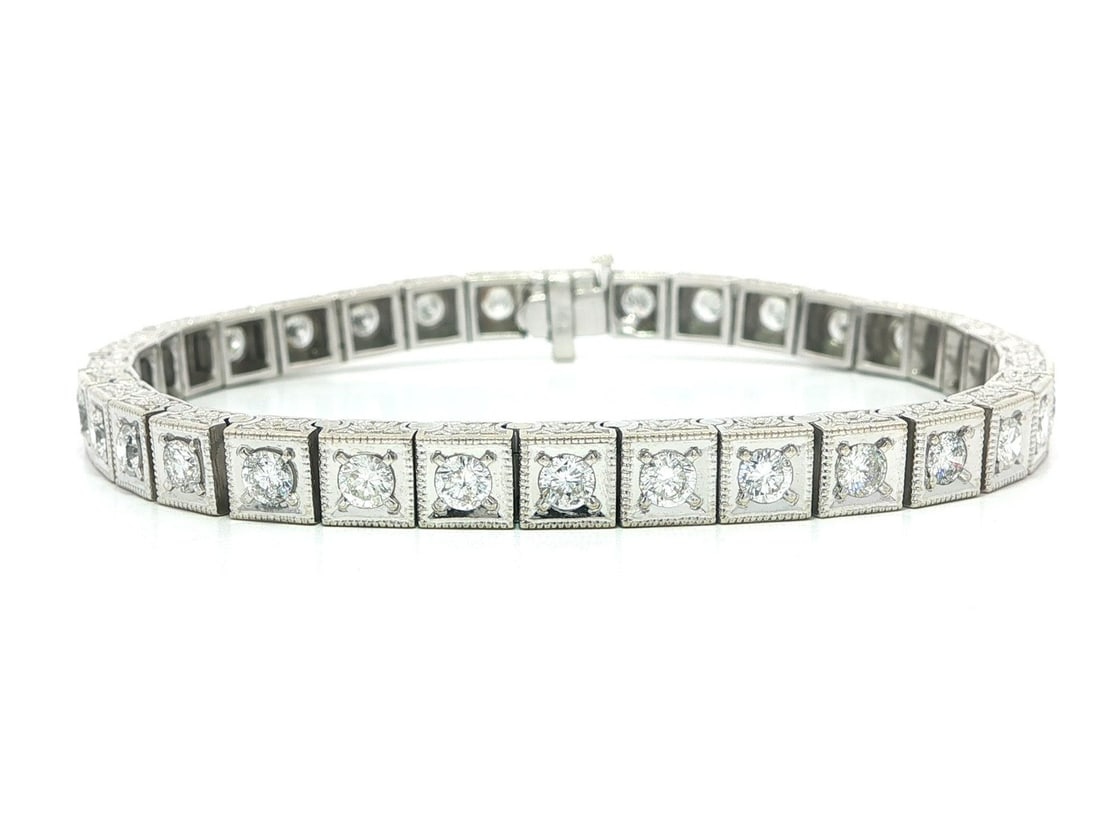 3.1ctw Diamond Square Link 14k White Gold Vintage Tennis Bracelet: 3.1ctw Diamond Square Link 14k White Gold Vintage Tennis Bracelet This vintage tennis bracelet features 34 natural round brilliant cut white diamonds with a total weight of approximately 3.10 carats, 