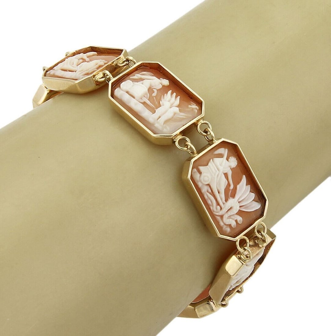 14k rose gold cameo bracelet with Roman deity panels: 14k rose gold cameo bracelet with Roman deity panels This vintage bracelet is expertly crafted in solid 14k rose gold and features a series of intricately carved octagonal cameo panels, each represent