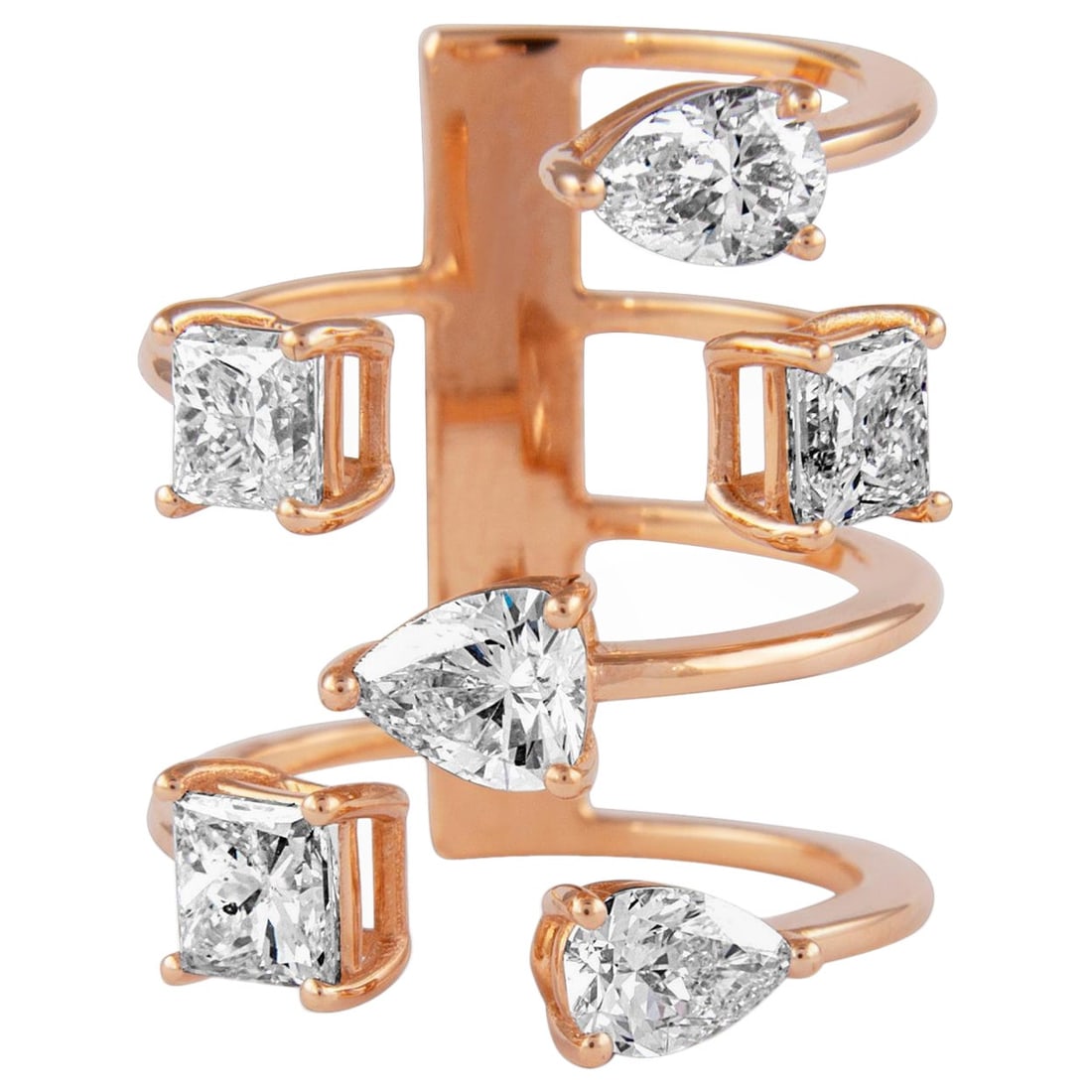 3.91ct Floating Diamond Ring in 18k Rose Gold: 3.91ct Floating Diamond Ring in 18k Rose Gold This stunning 3.91ct Floating Diamonds Ring is crafted from 18k rose gold and features a modern multi-diamond open shank design. The ring showcases a tota