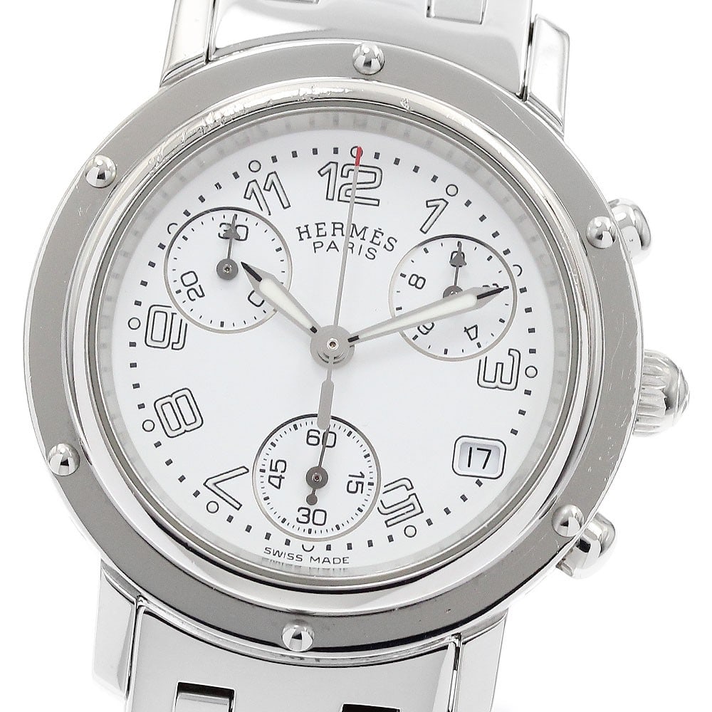 Hermes Clipper Chrono Quartz Stainless Steel Women's Watch Date Chronograph: Hermes Clipper Chrono Quartz Stainless Steel Women's Watch Date Chronograph This Hermes Clipper Chronograph Date Quartz watch is designed for women and features a stainless steel case and band with a 