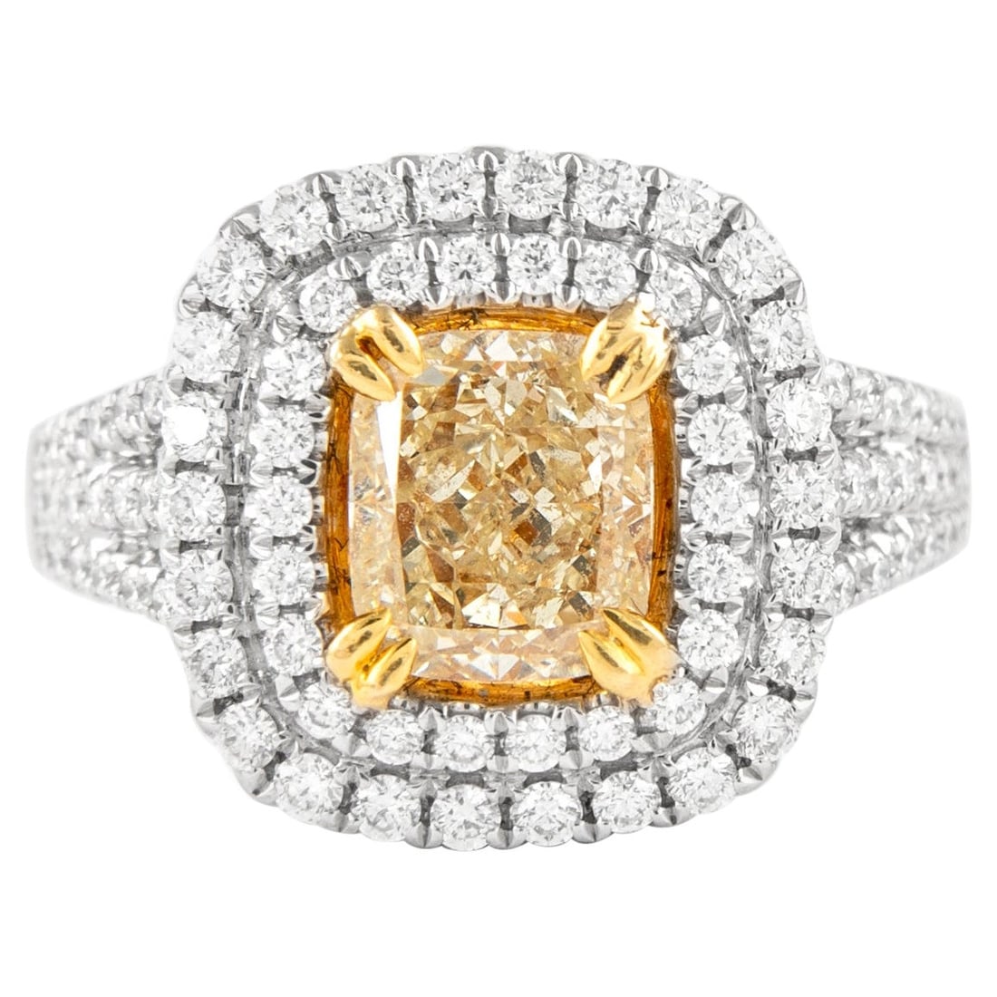 1.50ct Fancy Yellow Diamond Double Halo Ring 18k Gold EGL Certified: 1.50ct Fancy Yellow Diamond Double Halo Ring 18k Gold EGL Certified Elevate your jewelry collection with this stunning modern double halo ring featuring a 1.50 ct fancy yellow diamond. Crafted from lu