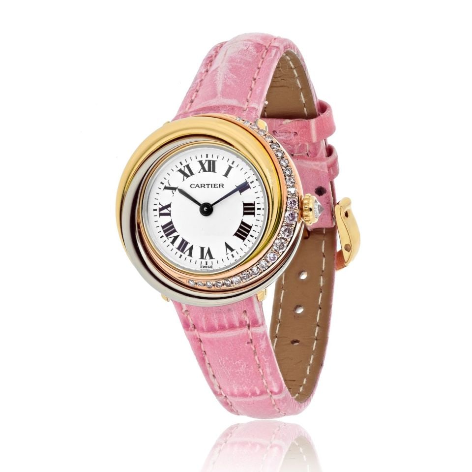 Ladies Cartier Trinity 18K Tri Color Diamond Watch 27mm Vintage 1990s: Ladies Cartier Trinity 18K Tri Color Diamond Watch 27mm Vintage 1990s This exquisite Ladies Cartier Trinity watch combines elegance and glamour, making it a stunning accessory for any occasion. Crafte