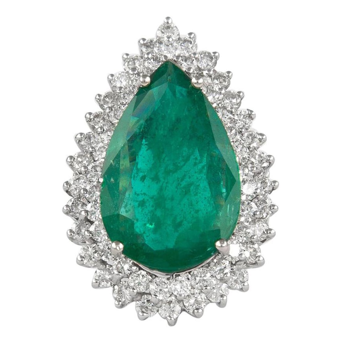 8.11ct Pear Emerald Double Diamond Halo Ring 18k White Gold: 8.11ct Pear Emerald Double Diamond Halo Ring 18k White Gold This stunning ring features a captivating 8.11 carat pear-shaped emerald, complemented by a double halo of 59 round brilliant diamonds total