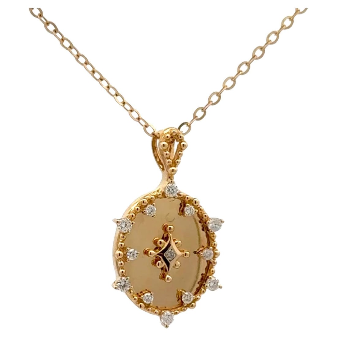 Harbor Diamonds 18KT Yellow Gold Diamond Pendant Necklace 0.15 Carats: Harbor Diamonds 18KT Yellow Gold Diamond Pendant Necklace 0.15 Carats This exquisite 18KT yellow gold pendant necklace showcases a contemporary design featuring an oval disc adorned with a beaded trim