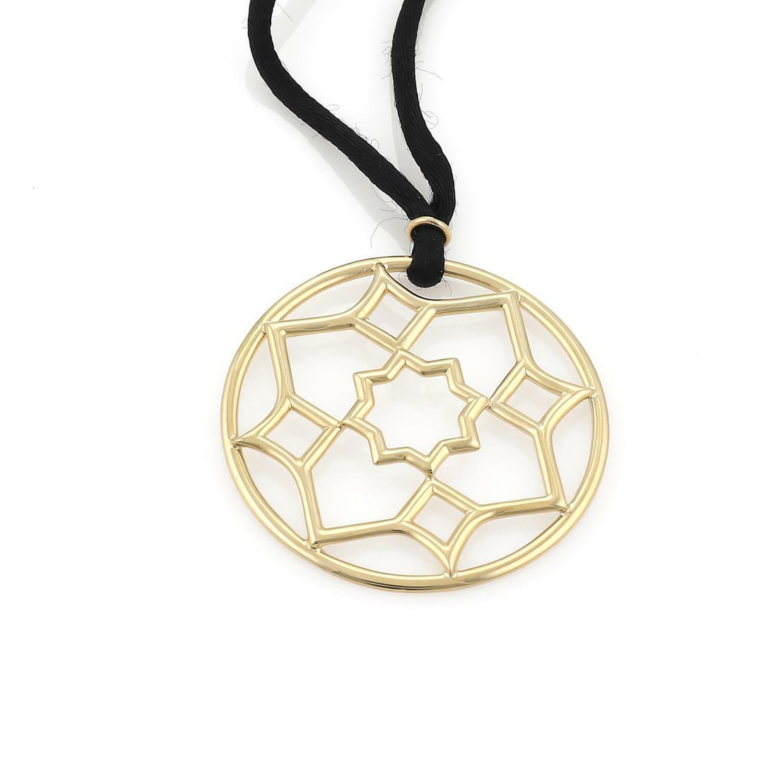 Zellige Pendant Necklace by Paloma Picasso for Tiffany 18k Gold with Silk Cord: Zellige Pendant Necklace by Paloma Picasso for Tiffany 18k Gold with Silk Cord This necklace from Tiffany & Co.'s Zellige collection, designed by Paloma Picasso, features a bold round pendant crafted 