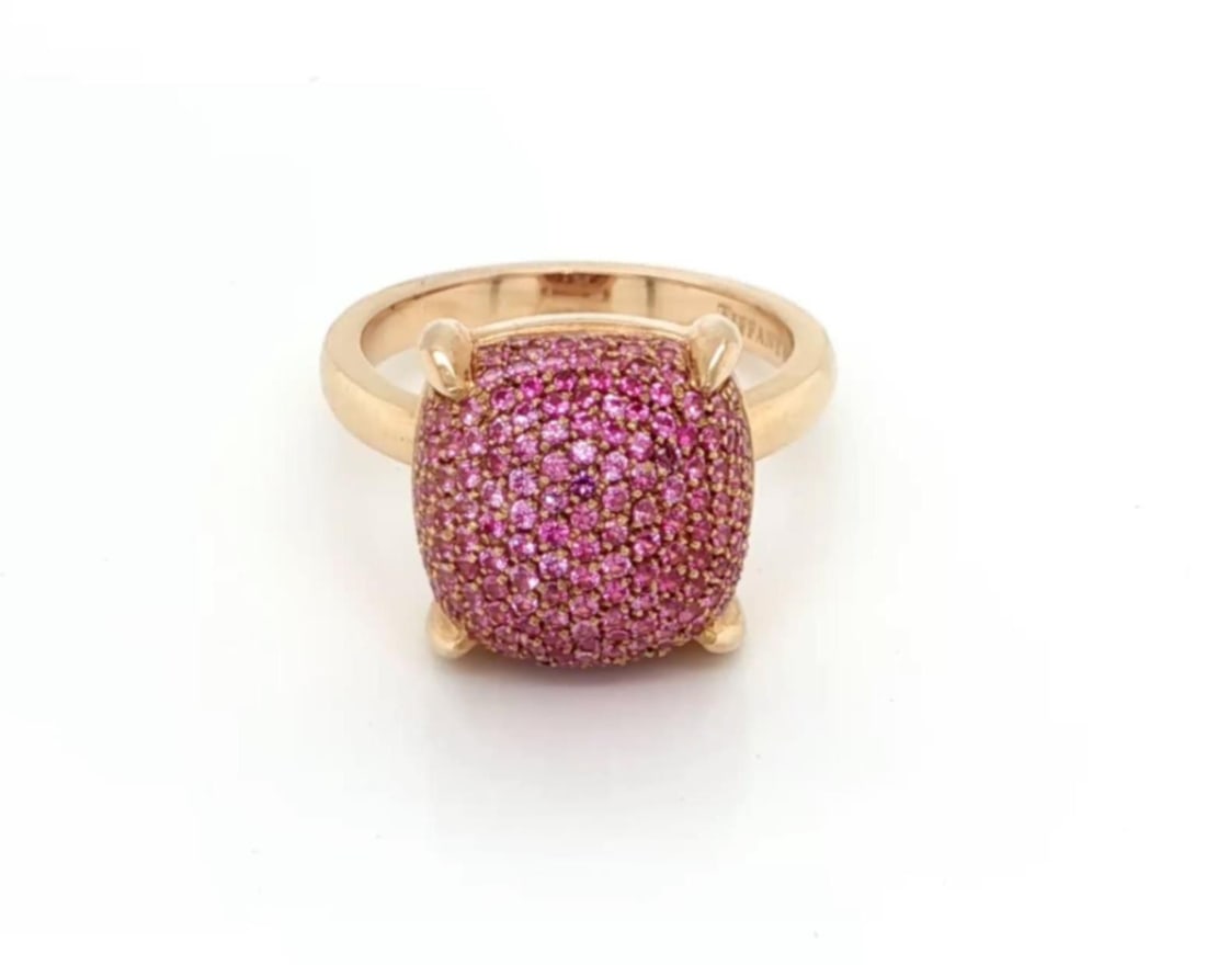 Tiffany Paloma Picasso Sugar Stacks 18k Rose Gold Pink Sapphire Ring Size 7: Tiffany Paloma Picasso Sugar Stacks 18k Rose Gold Pink Sapphire Ring Size 7 This Tiffany & Co. Paloma Picasso Sugar Stacks ring is crafted from 18k rose gold and showcases a cushion-shaped dome design