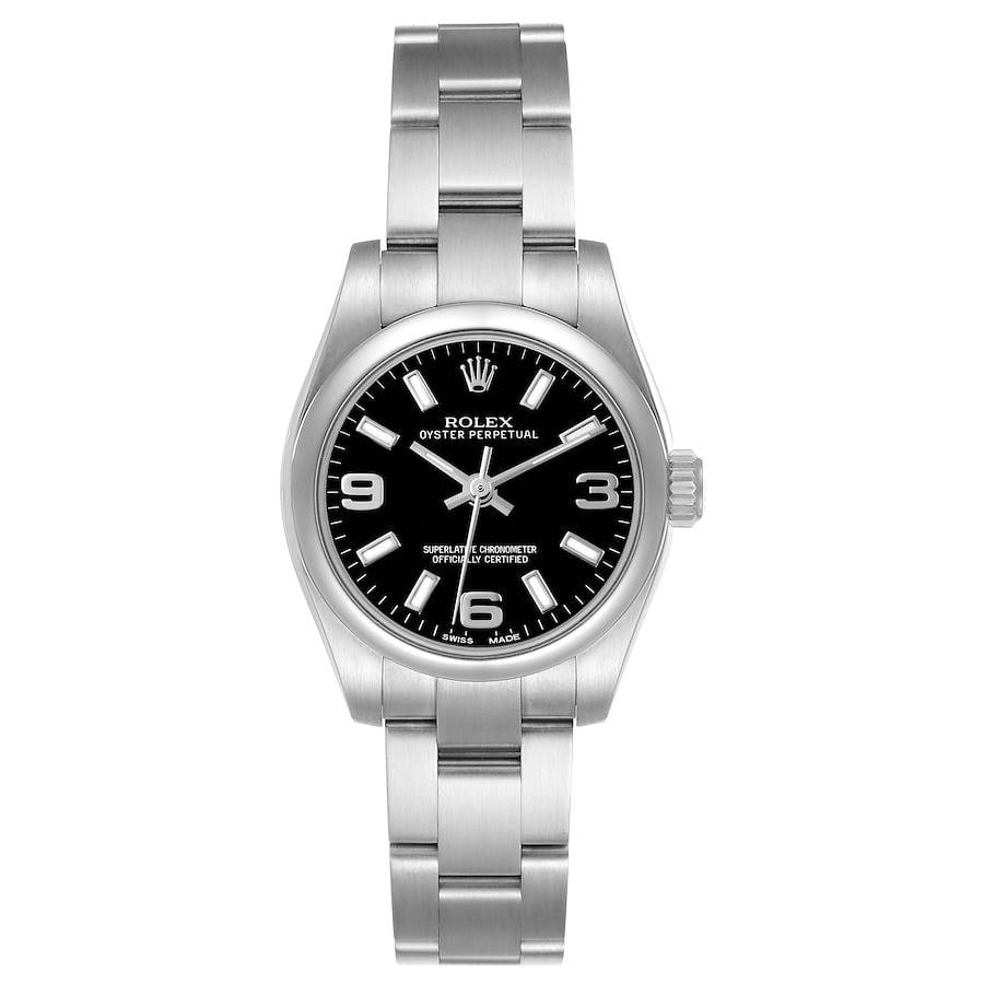 Ladies Oyster Perpetual 176200 Black Dial Watch with 2017 Card: Ladies Oyster Perpetual 176200 Black Dial Watch with 2017 Card This ladies Rolex Oyster Perpetual features a black dial, smooth bezel, and the signature Oyster bracelet. The watch is identified by ref