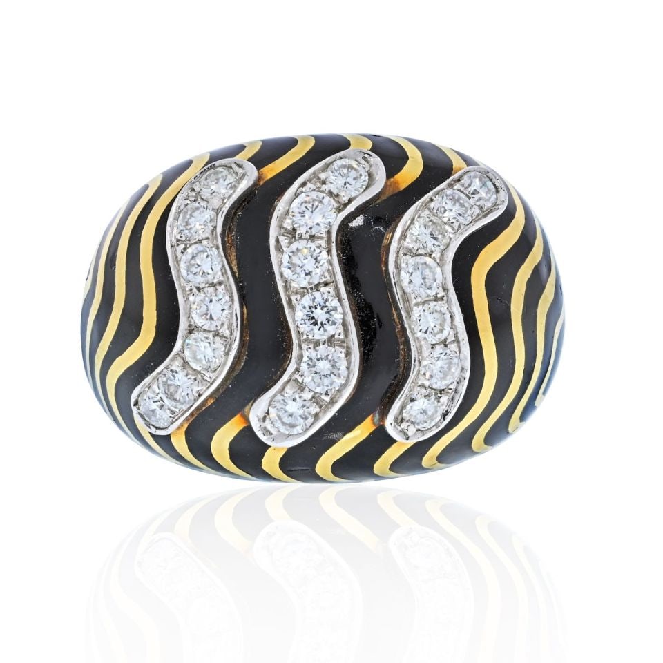 David Webb Estate Ring Platinum 18K Yellow Gold Diamond Black Enamel Zebra Stripe: David Webb Estate Ring Platinum 18K Yellow Gold Diamond Black Enamel Zebra Stripe This exquisite estate ring by David Webb features a stunning combination of platinum and 18K yellow gold, beautifully 