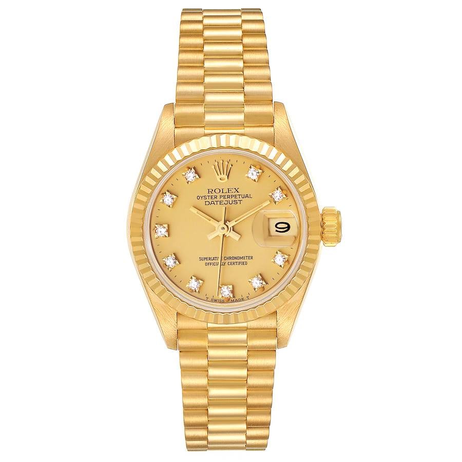 Rolex Datejust Lady President 69178 Champagne Diamond Dial Papers: Rolex Datejust Lady President 69178 Champagne Diamond Dial Papers This Rolex Datejust Lady President features a champagne diamond dial and a fluted bezel, paired with the iconic President bracelet. Th