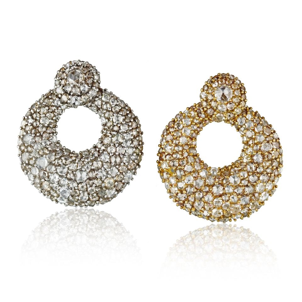 Rose Cut Diamond Cluster Earrings in 18K Two Tone Gold 70 Carats: Rose Cut Diamond Cluster Earrings in 18K Two Tone Gold 70 Carats These earrings are crafted from 18K two-tone gold and feature an impressive total of approximately 70 carats of rose cut diamonds. Each