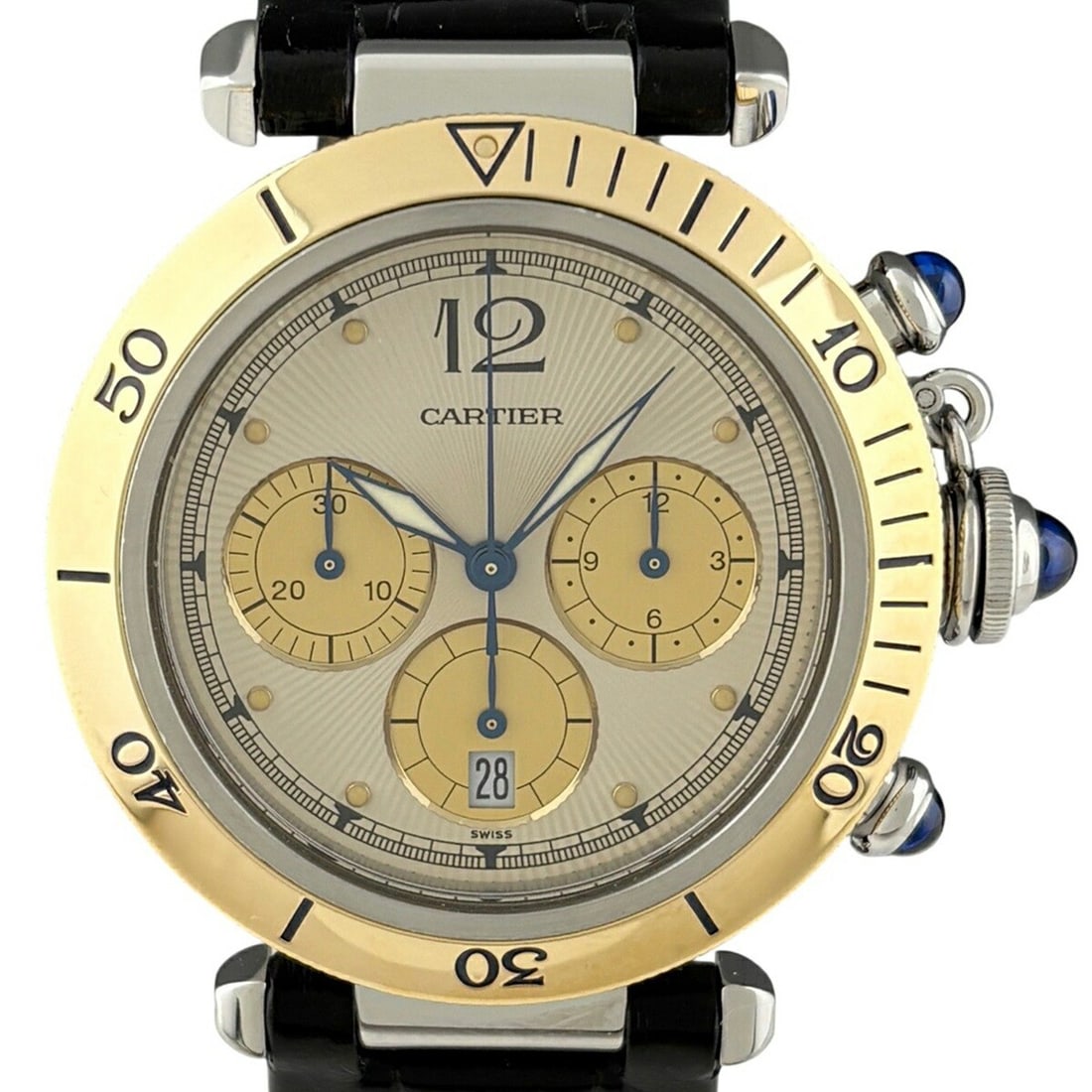 Cartier Pasha Automatic Chronograph Steel Gold Cream Dial Men's Watch: Cartier Pasha Automatic Chronograph Steel Gold Cream Dial Men's Watch This is a pre-owned Cartier Pasha W3101155 chronograph wristwatch for men, featuring a stainless steel and yellow gold case with a