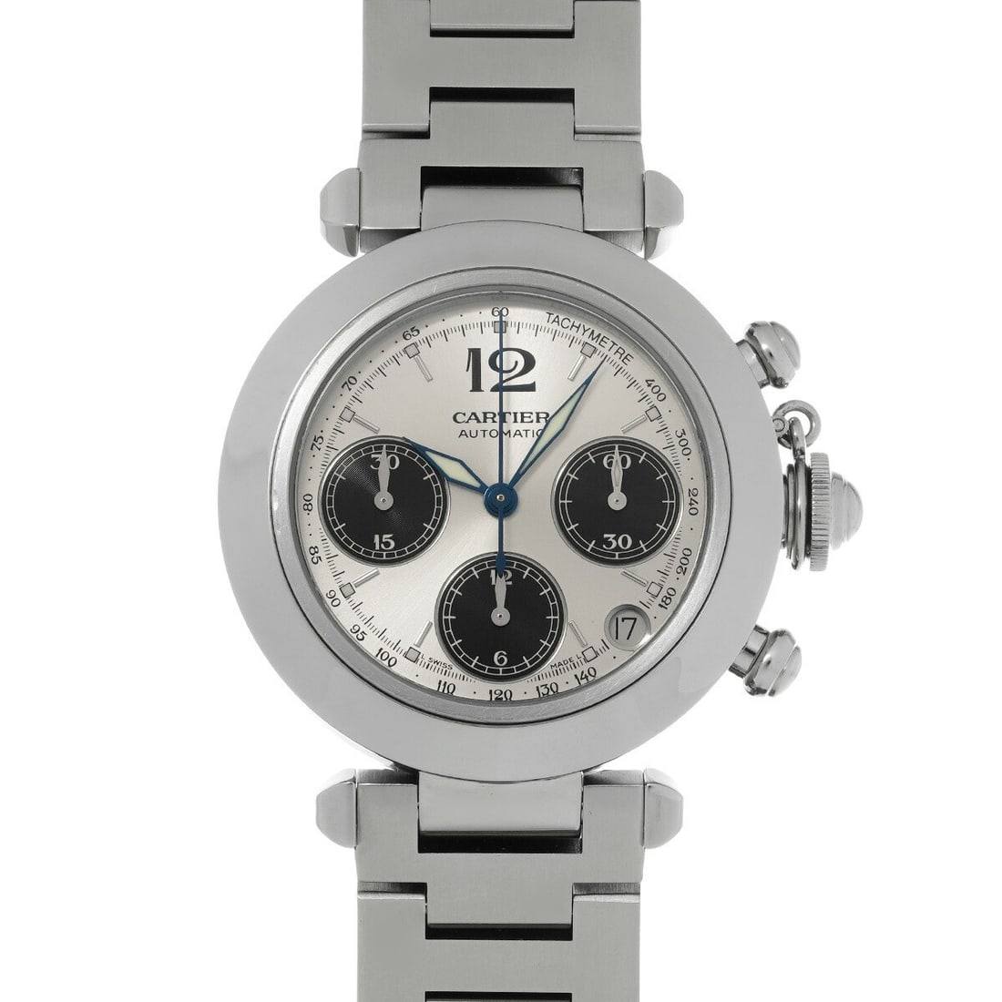 Cartier Pasha C Silver Black Automatic Chronograph Men's Wristwatch SS: Cartier Pasha C Silver Black Automatic Chronograph Men's Wristwatch SS This Cartier Pasha C Chronograph W31048M7 is a sophisticated men's wristwatch featuring a silver and black design. Crafted in Swi
