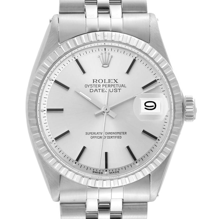 Rolex Datejust 1601-3 Silver Stick Dial Jubilee Bracelet: Rolex Datejust 1601-3 Silver Stick Dial Jubilee Bracelet This Rolex Datejust features a silver stick dial and is paired with a D-Link Jubilee bracelet. The watch is equipped with an engine-turned beze